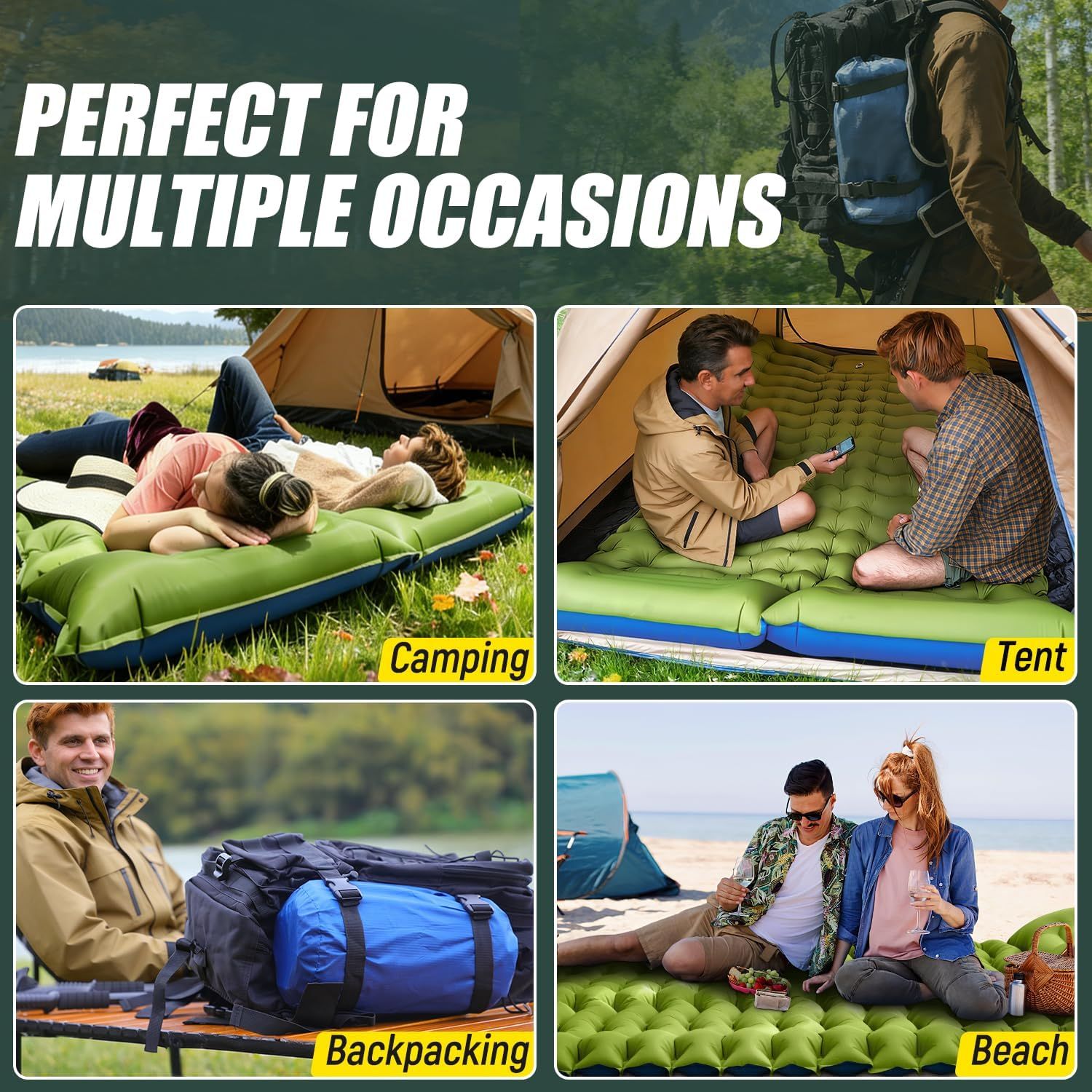 Double Sleeping Pad - Self Inflating 4" Extra-Thick for 2 Person with Pillow Built-in Foot Pump Inflatable Sleeping Mat for Backpacking, Hiking, Traveling, Tent, Portable Camping Mat