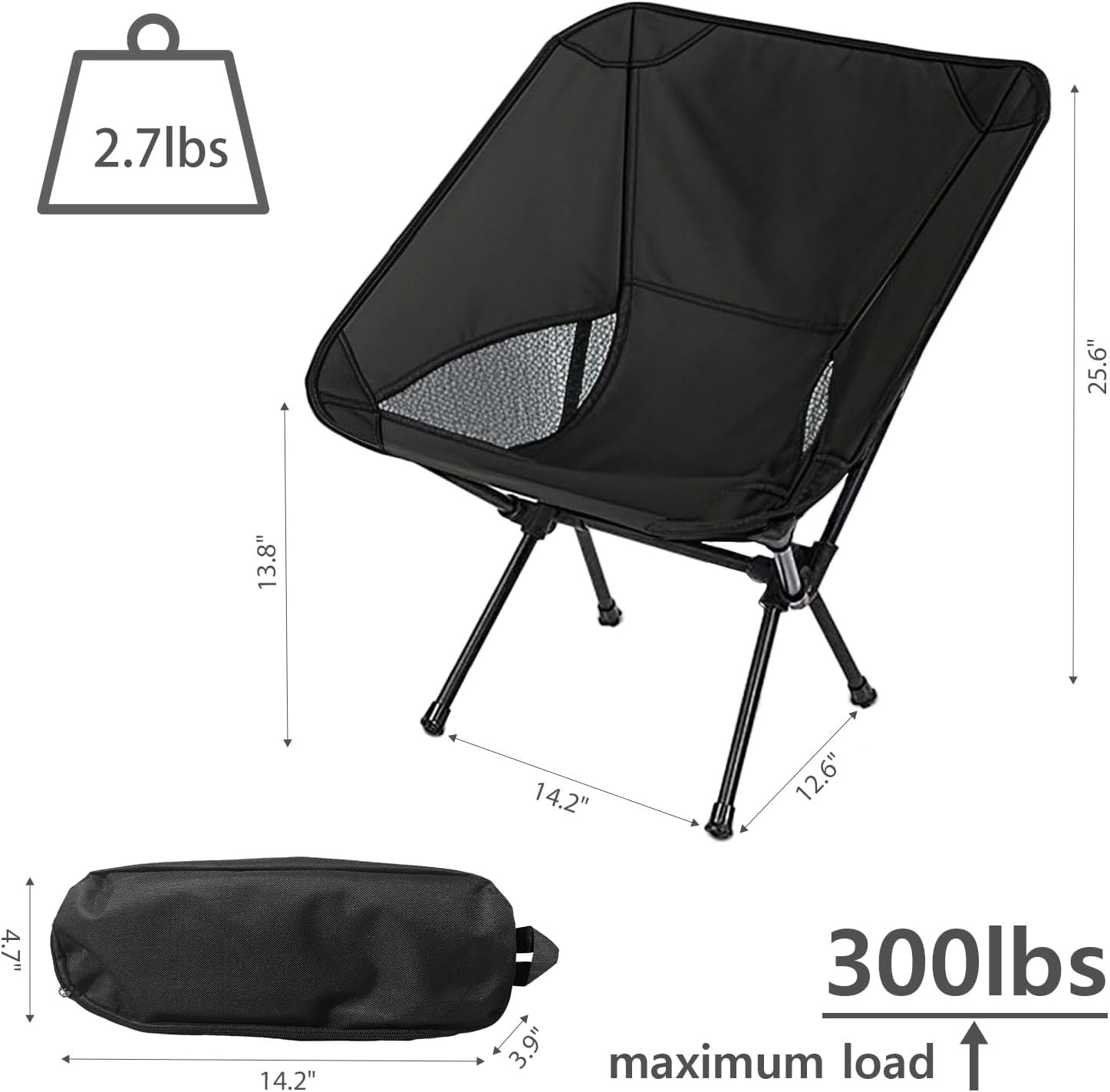 Portable Camping Chair Lightweight Foldable Outdoor Chair for Hiking Camp Backpacking Lawn Beach Fishing Picnic with Carry Bag Black