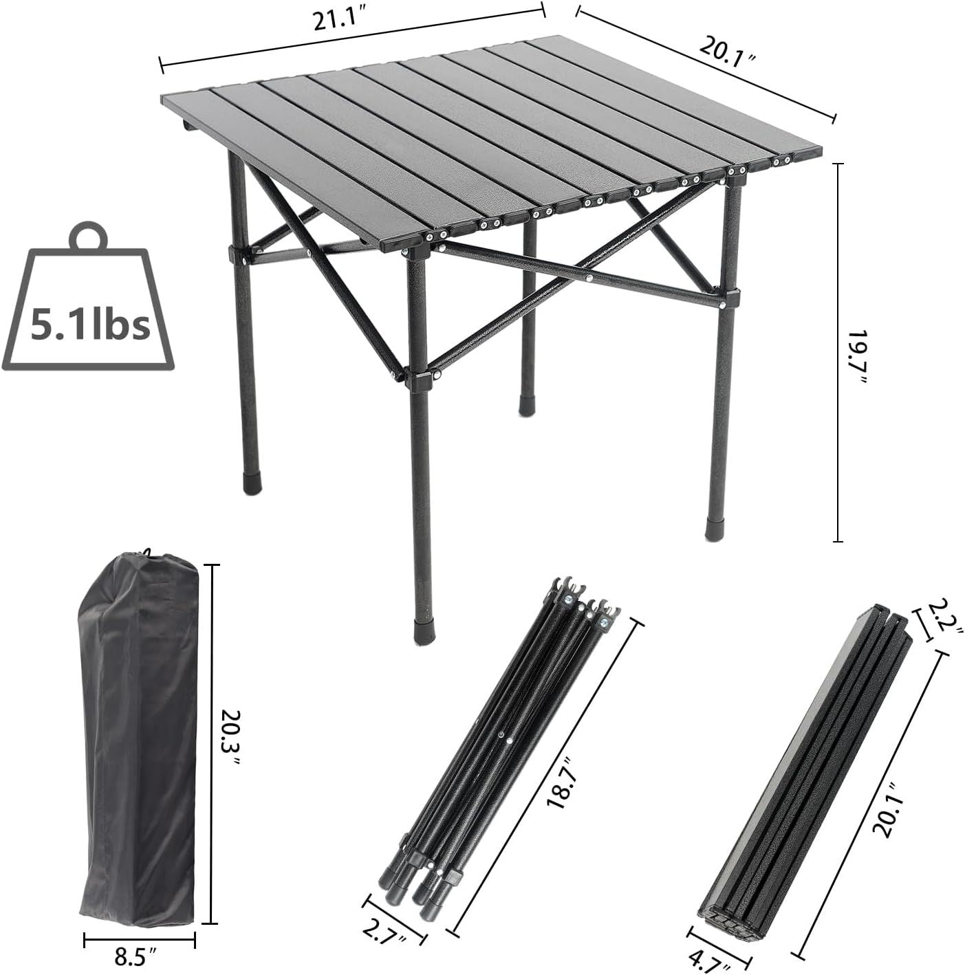 Portable Camping Table Folding Side Table Aluminum Lightweight Table with Carry Bag for Outdoor Cooking Hiking Picnics BBQ Travel Black