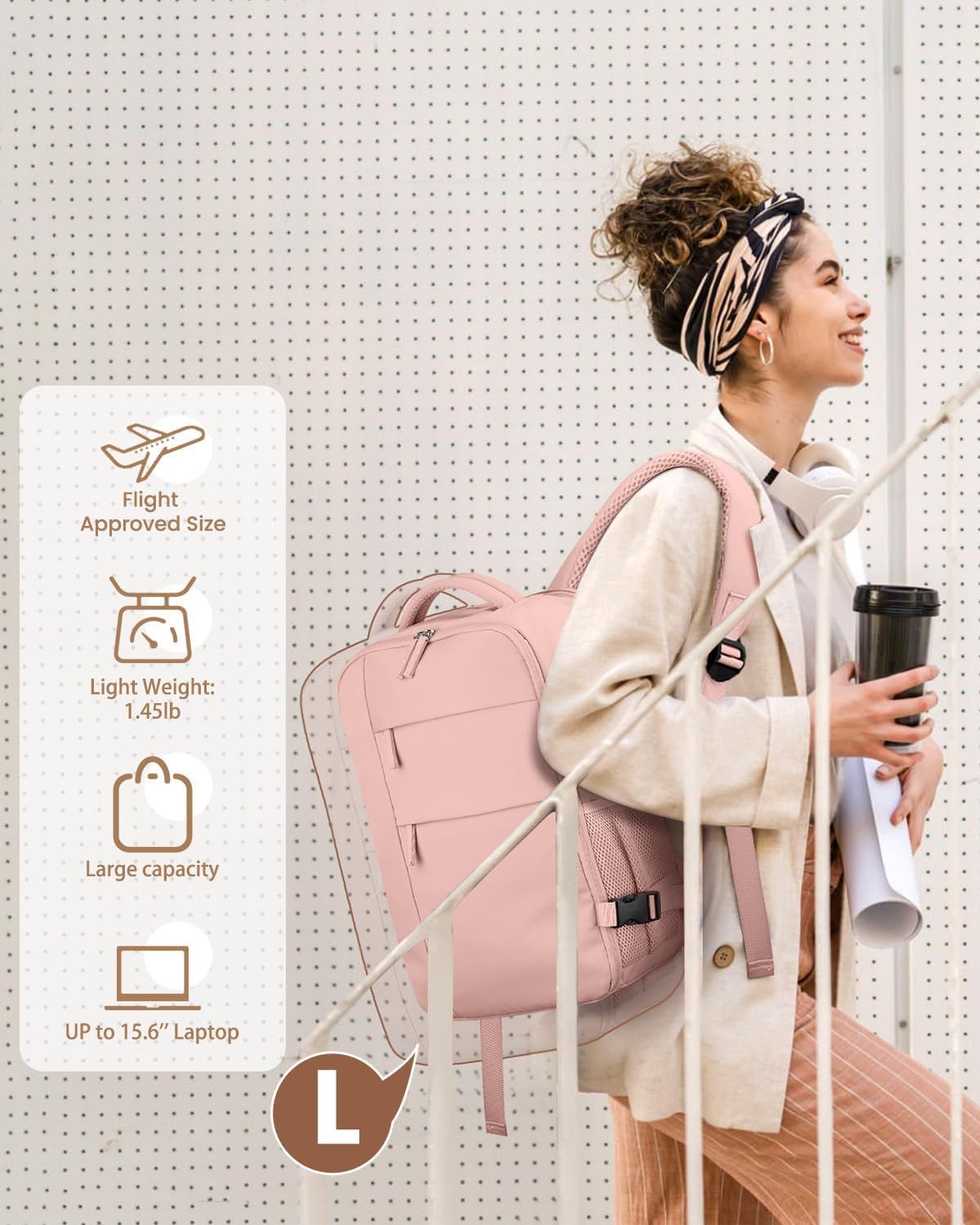 Travel Backpack for Women Man, Waterproof Personal Item Travel Bag Airline Approved Laptop Backpack Bookbag Weekender bags for Business,Travel, Work Fits 15.6 inch Laptop Medium,Pink