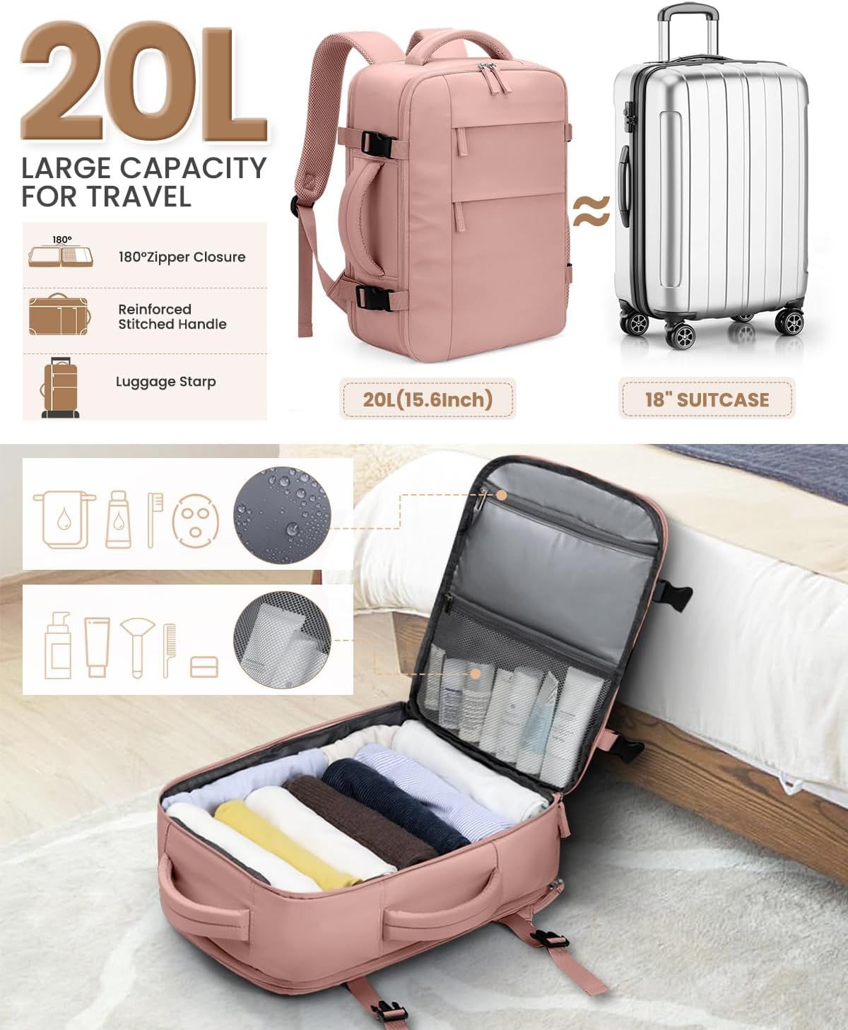 Travel Backpack for Women Man, Waterproof Personal Item Travel Bag Airline Approved Laptop Backpack Bookbag Weekender bags for Business,Travel, Work Fits 15.6 inch Laptop Medium,Pink