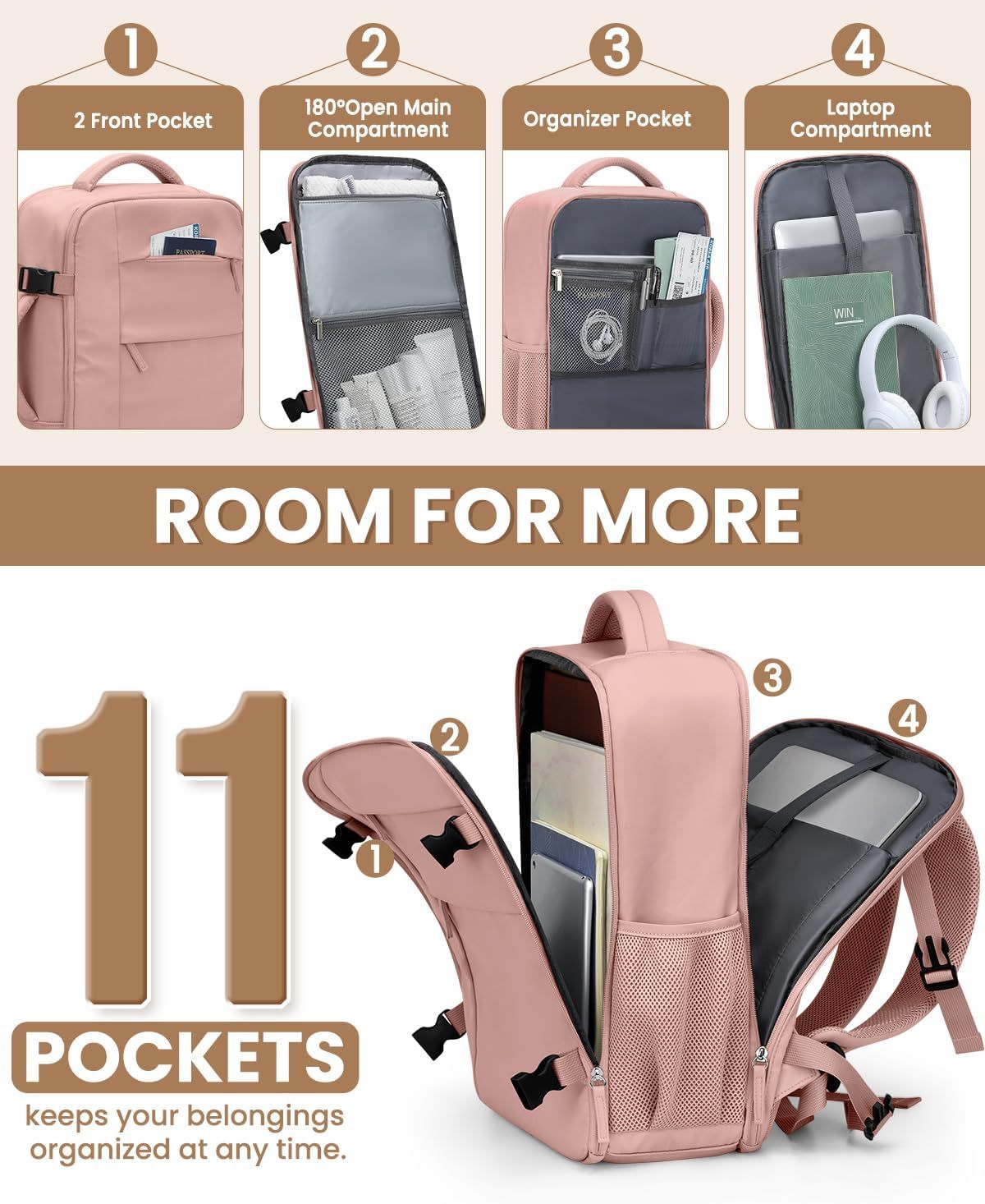 Travel Backpack for Women Man, Waterproof Personal Item Travel Bag Airline Approved Laptop Backpack Bookbag Weekender bags for Business,Travel, Work Fits 15.6 inch Laptop Medium,Pink