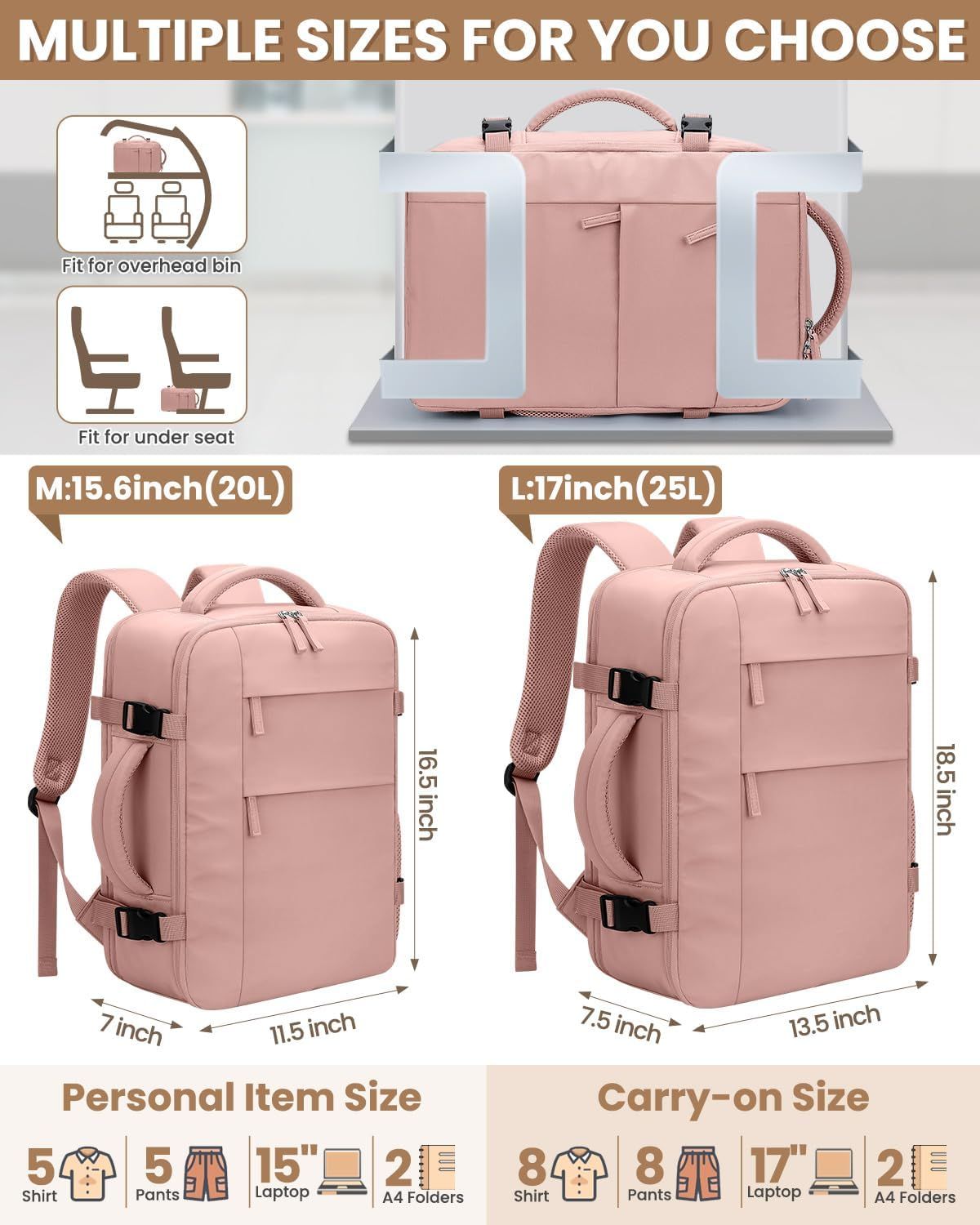 Travel Backpack for Women Man, Waterproof Personal Item Travel Bag Airline Approved Laptop Backpack Bookbag Weekender bags for Business,Travel, Work Fits 15.6 inch Laptop Medium,Pink