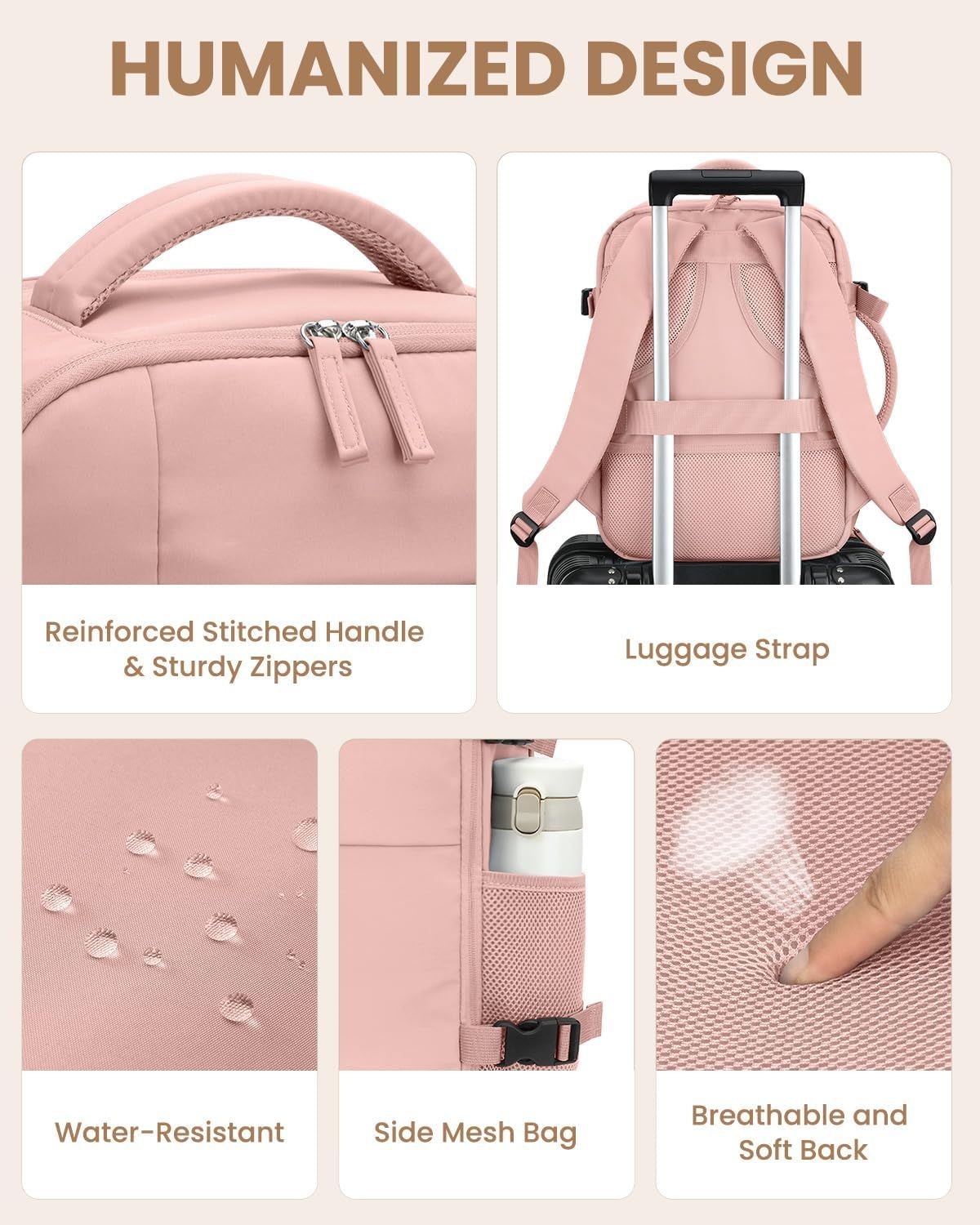 Travel Backpack for Women Man, Waterproof Personal Item Travel Bag Airline Approved Laptop Backpack Bookbag Weekender bags for Business,Travel, Work Fits 15.6 inch Laptop Medium,Pink