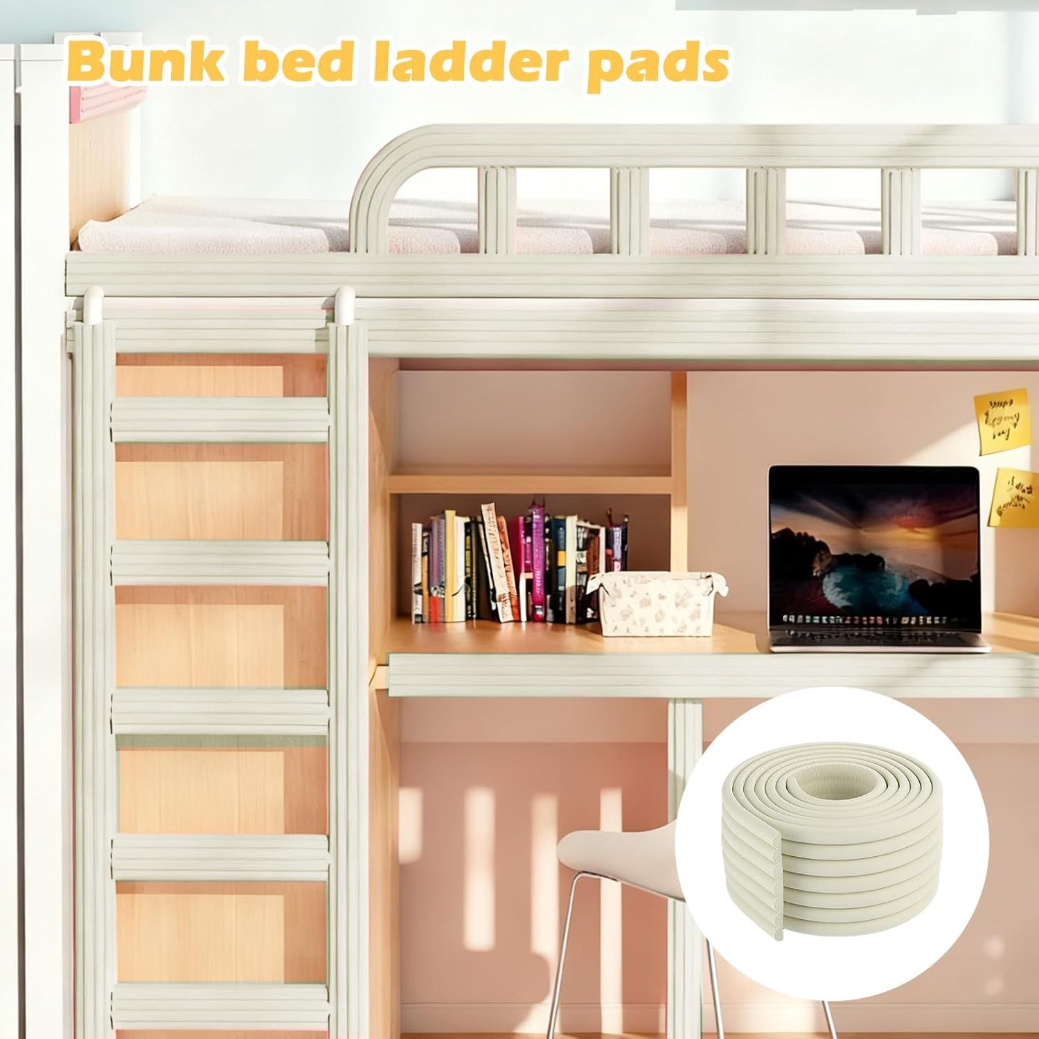 Soft Bunk Bed Ladder Pads with Cutter – Foam Step Padding & Ladder Cover for Kids’ Loft Beds, Dorm Ladders, Stairs & Edges, Easy-Cut Protective Pads for Comfortable Climbing and Home Safety White
