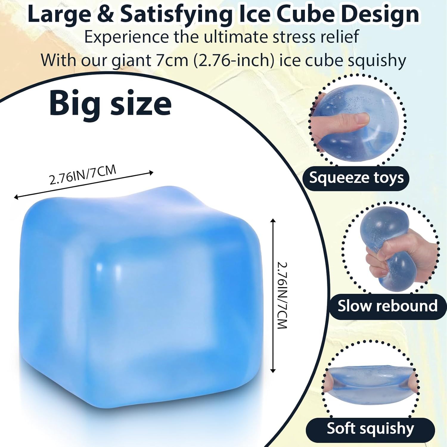 Large Ice Cube Squishy Toy 7cm 2.76Inch , Big Slow Rising Squishies for Sensory Play, Perfect Stress Relief Fidget Toys for Adults Anxiety, Squishy Cube Sensory Toys Blue