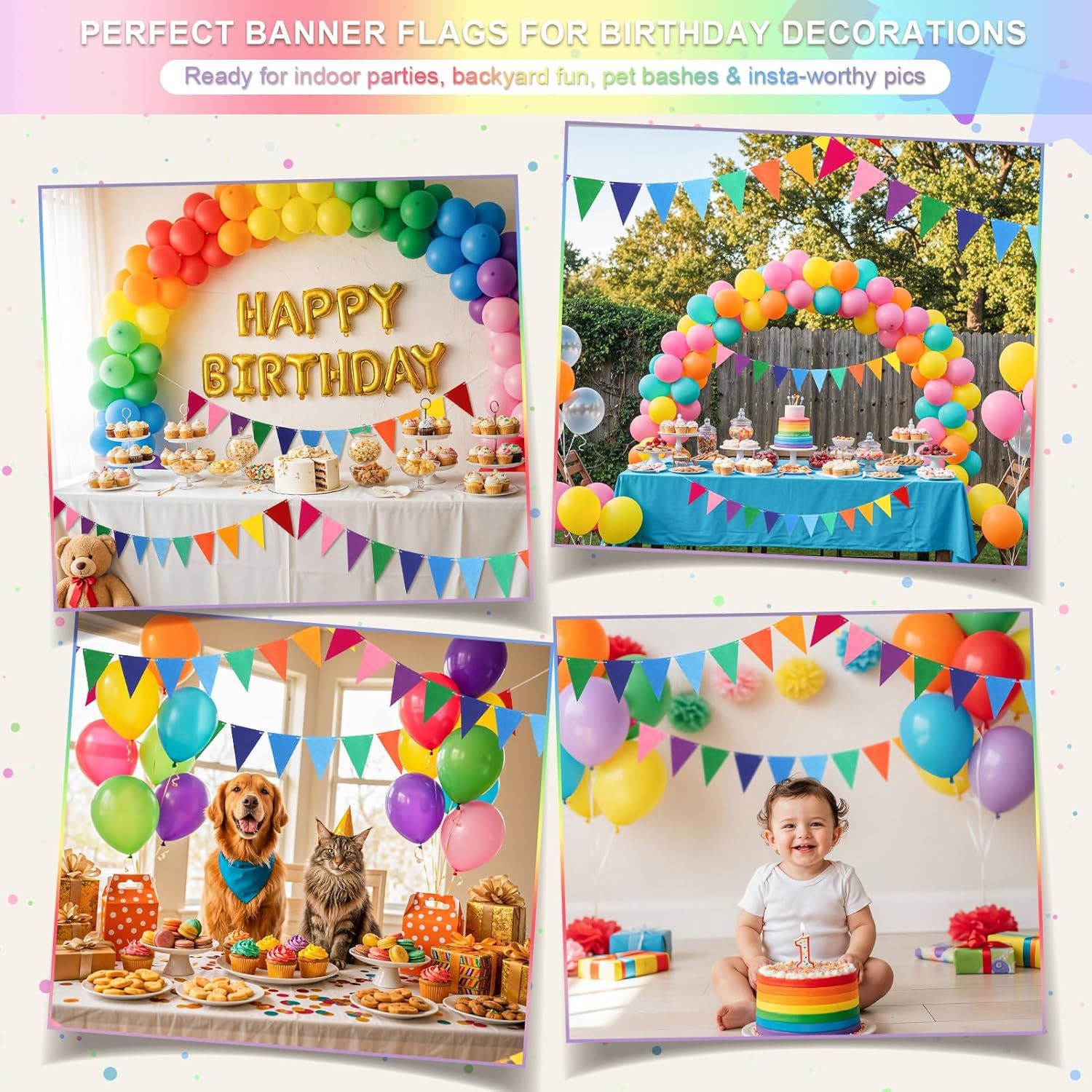 Pennant Banner Flags - 6-Pack Pre-Strung Rainbow Party Garland | Felt Triangle Bunting for Birthdays, Baby Showers, Weddings, Pride, Carnival and Festival Decorations