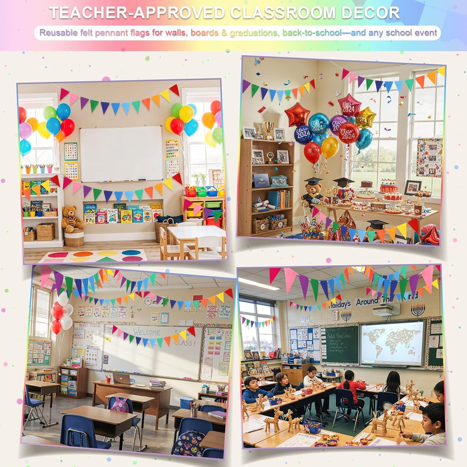 Pennant Banner Flags - 6-Pack Pre-Strung Rainbow Party Garland | Felt Triangle Bunting for Birthdays, Baby Showers, Weddings, Pride, Carnival and Festival Decorations