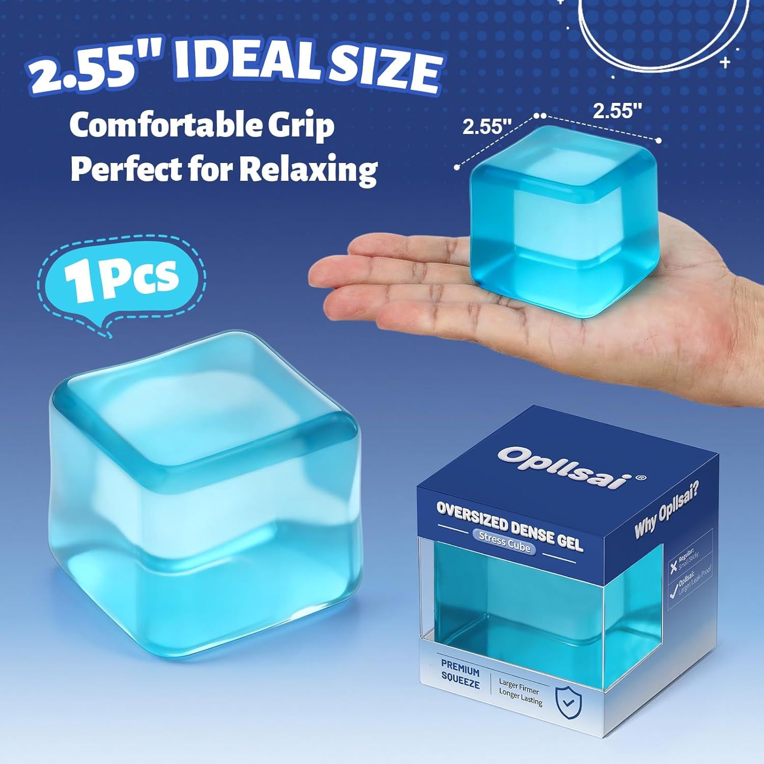 Oversized Dense Gel Stress Cube 2.55" - Anxiety Relief Fidget Toy - Larger, Firmer, Slow-Rise - Dual-Reinforced Leak-Proof Design - Premium Sensory Gift for Adults & Teens