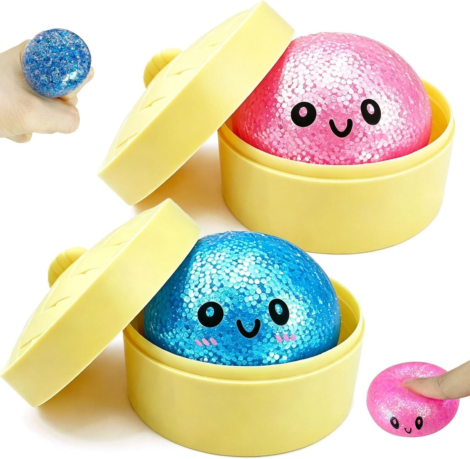 2PCS Mini Glitter Dumpling Squishy, 2026 Upgrade Dumling Mystery Box, Colorful Dumplings Stress Balls Fidget Sensory, Fidget Squeeze Toy for Holiday & Birthday Gifts Blue+Pink