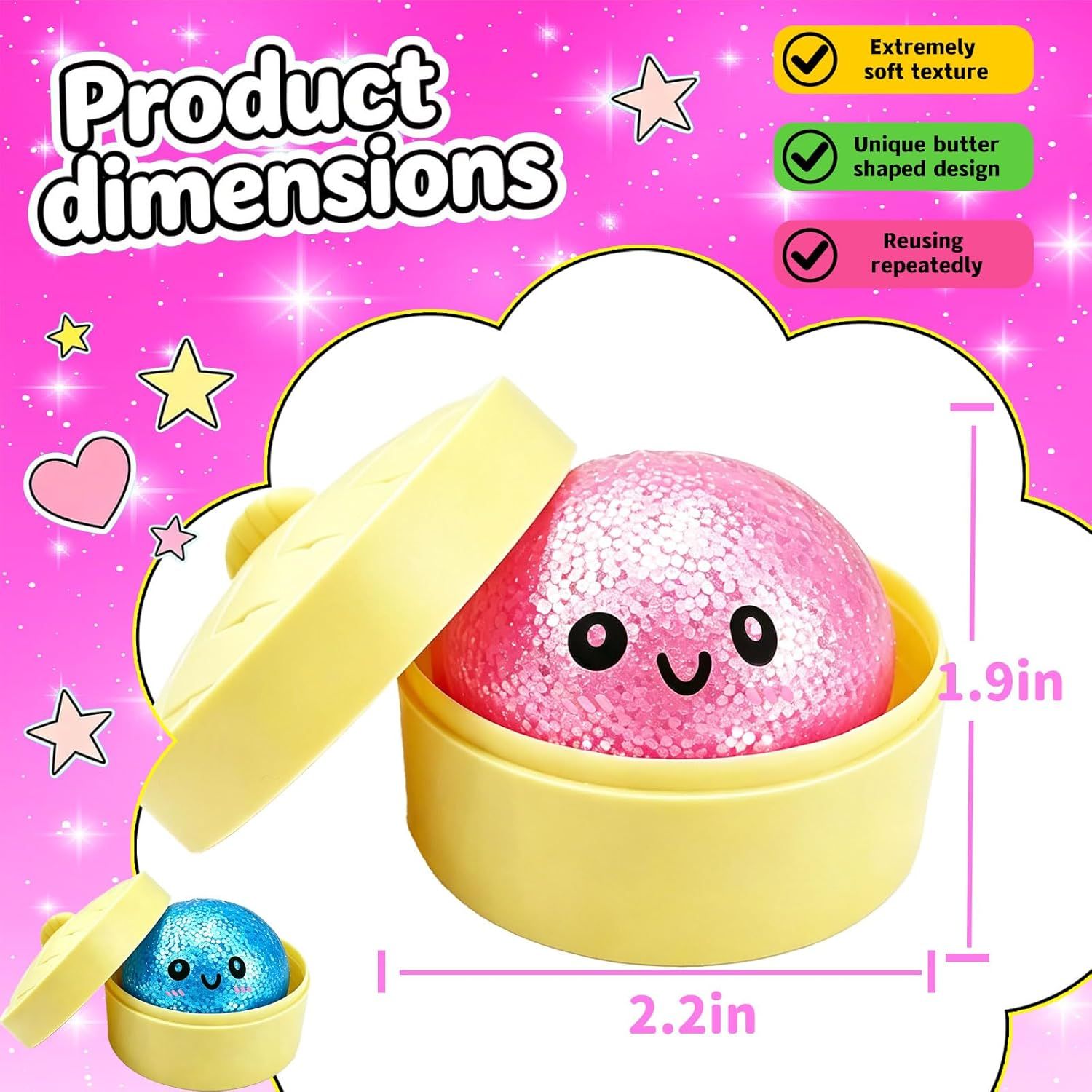 2PCS Mini Glitter Dumpling Squishy, 2026 Upgrade Dumling Mystery Box, Colorful Dumplings Stress Balls Fidget Sensory, Fidget Squeeze Toy for Holiday & Birthday Gifts Blue+Pink