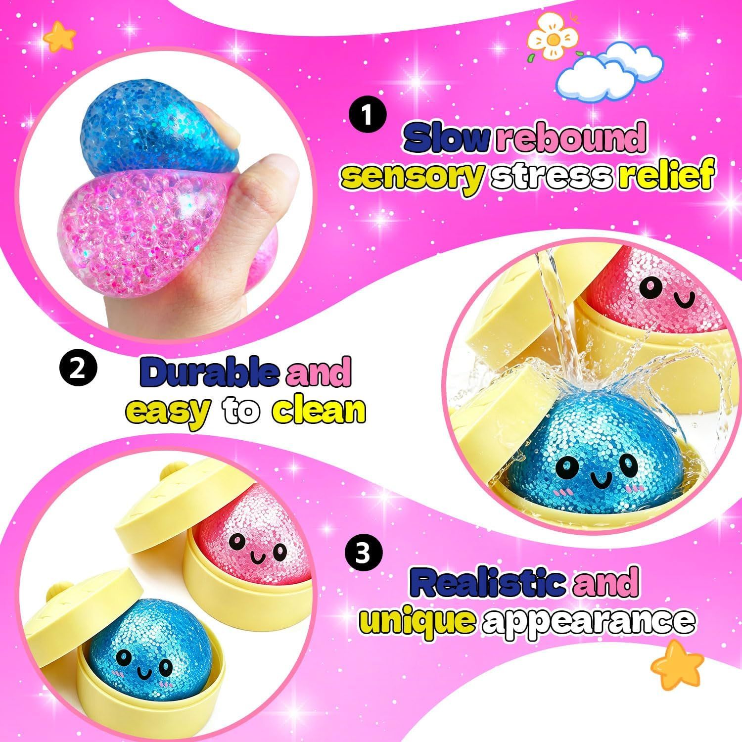 2PCS Mini Glitter Dumpling Squishy, 2026 Upgrade Dumling Mystery Box, Colorful Dumplings Stress Balls Fidget Sensory, Fidget Squeeze Toy for Holiday & Birthday Gifts Blue+Pink