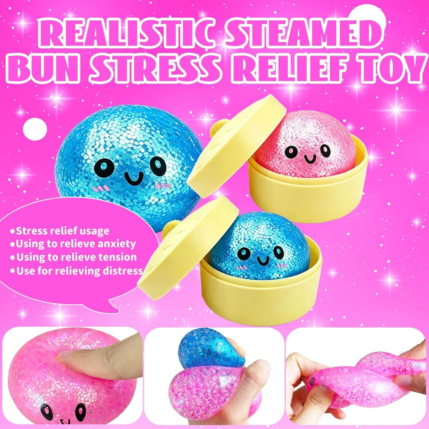 2PCS Mini Glitter Dumpling Squishy, 2026 Upgrade Dumling Mystery Box, Colorful Dumplings Stress Balls Fidget Sensory, Fidget Squeeze Toy for Holiday & Birthday Gifts Blue+Pink