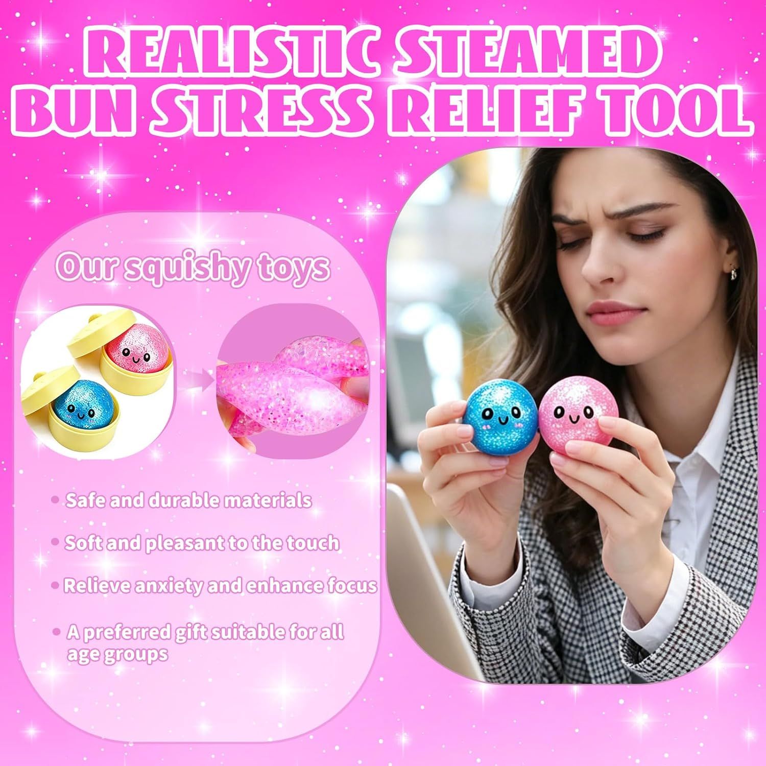 2PCS Mini Glitter Dumpling Squishy, 2026 Upgrade Dumling Mystery Box, Colorful Dumplings Stress Balls Fidget Sensory, Fidget Squeeze Toy for Holiday & Birthday Gifts Blue+Pink