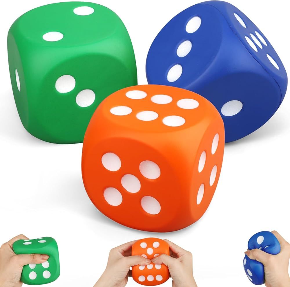 Large 3 Inch Foam Fidget Dice Toys, Jumbo Stress Toy Relief Big Dice, Squeeze Squishy Giant Large Fidgets Cube for Family Board Game Classroom Party Favors Bag Stuffer 3 Pack