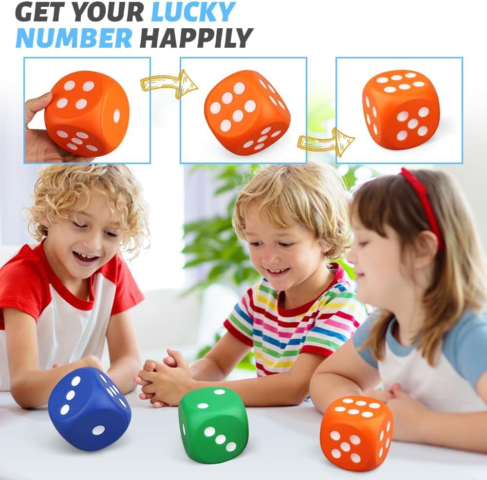 Large 3 Inch Foam Fidget Dice Toys, Jumbo Stress Toy Relief Big Dice, Squeeze Squishy Giant Large Fidgets Cube for Family Board Game Classroom Party Favors Bag Stuffer 3 Pack