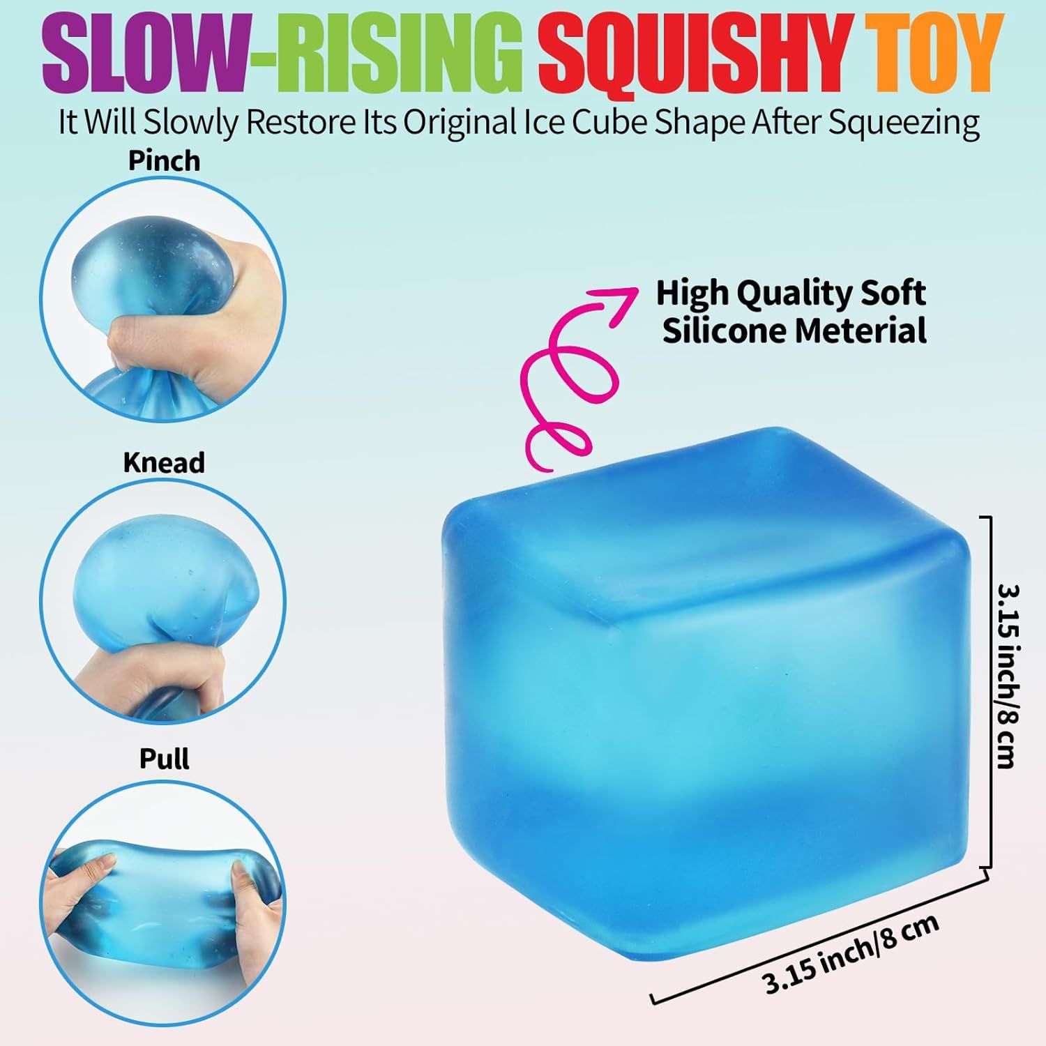 Giant Stress Cube - 3.15" Cube-Sensory Fidget Squeeze Toy with Super Solid Squish-Slow Rising Ice Cube Stress Balls-Stress Relief Hand Toy Blue