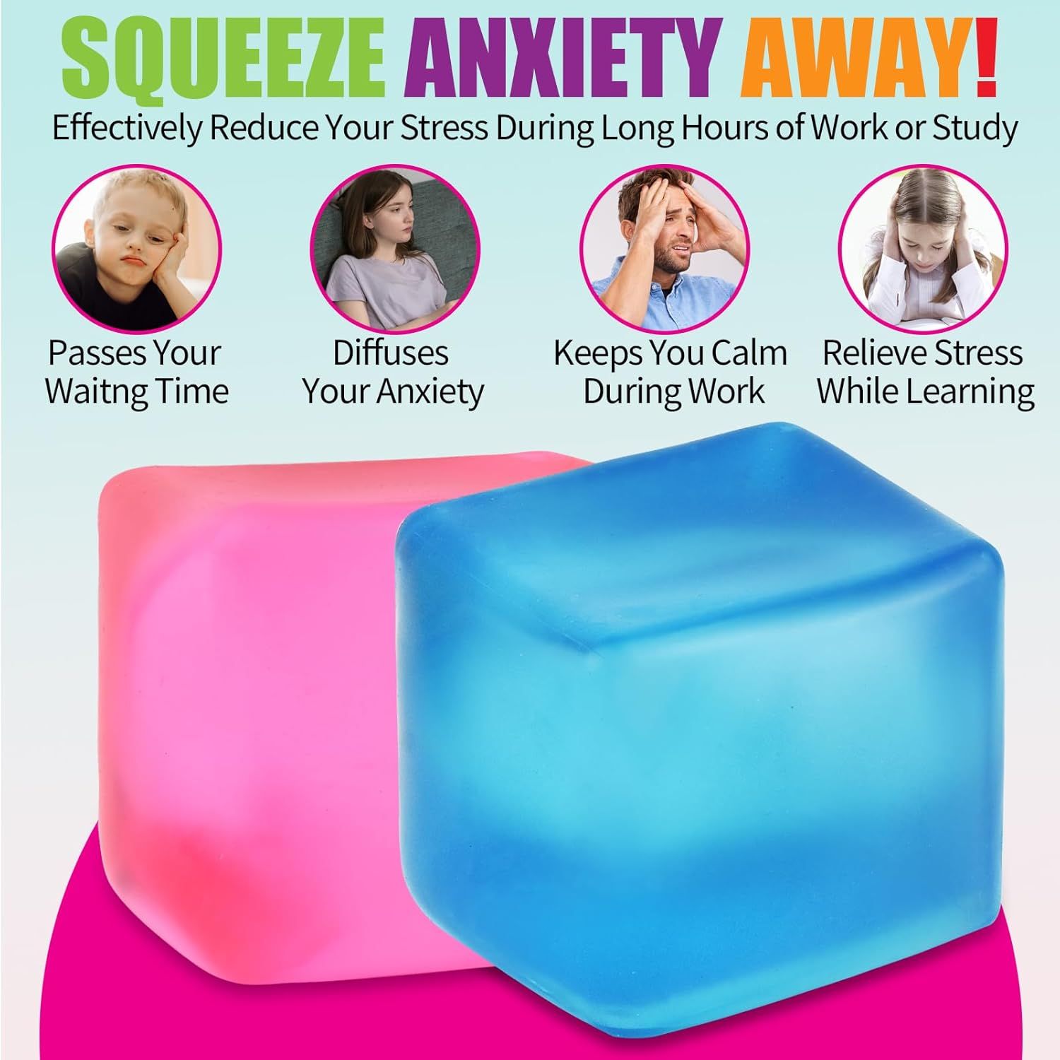 Giant Stress Cube - 3.15" Cube-Sensory Fidget Squeeze Toy with Super Solid Squish-Slow Rising Ice Cube Stress Balls-Stress Relief Hand Toy Blue