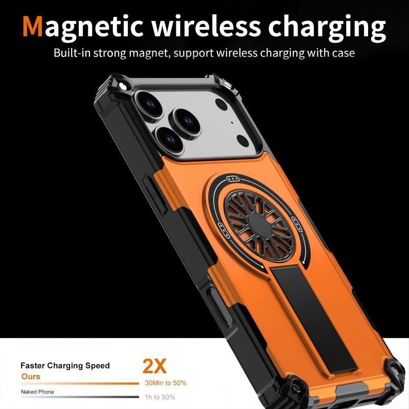 Armor Heavy Duty Magnetic Rotating Ring Kickstand Phone Case For iPhone 16 Pro, Anti-Drop Protective Cover In Orange