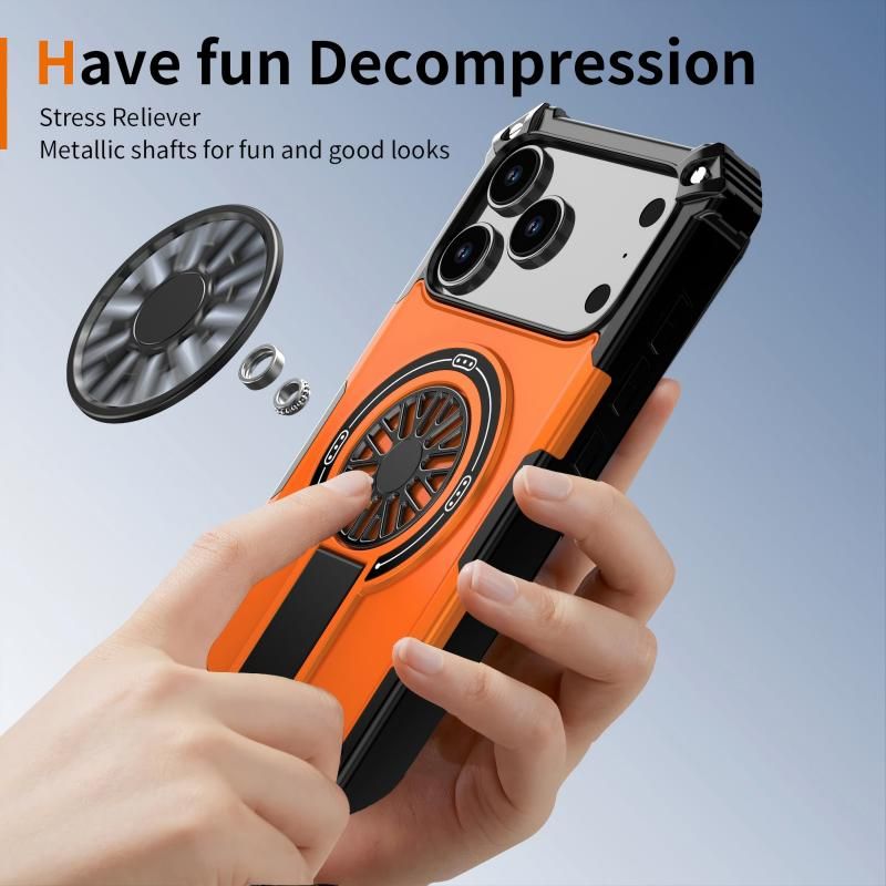 Armor Heavy Duty Magnetic Rotating Ring Kickstand Phone Case For iPhone 16 Pro, Anti-Drop Protective Cover In Orange
