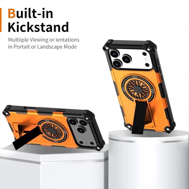 Armor Heavy Duty Magnetic Rotating Ring Kickstand Phone Case For iPhone 16 Pro, Anti-Drop Protective Cover In Orange