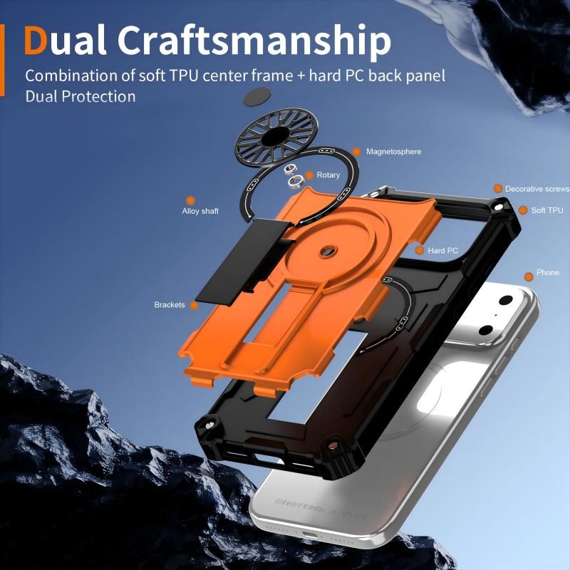 Armor Heavy Duty Magnetic Rotating Ring Kickstand Phone Case For iPhone 16 Pro, Anti-Drop Protective Cover In Orange