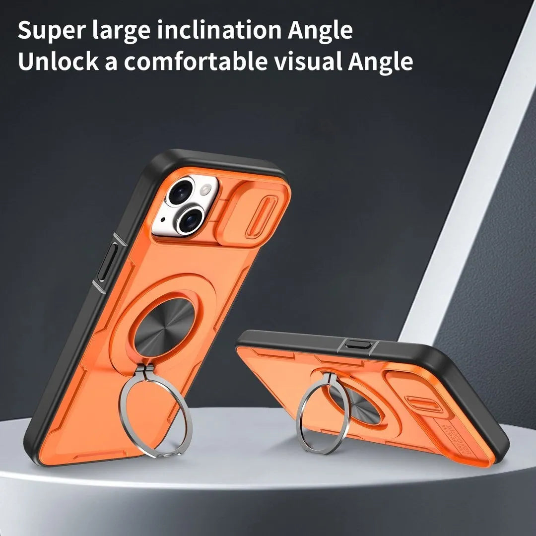2-in-1 Magnetic Sliding Lens Case, Orange for iPhone 15 Plus