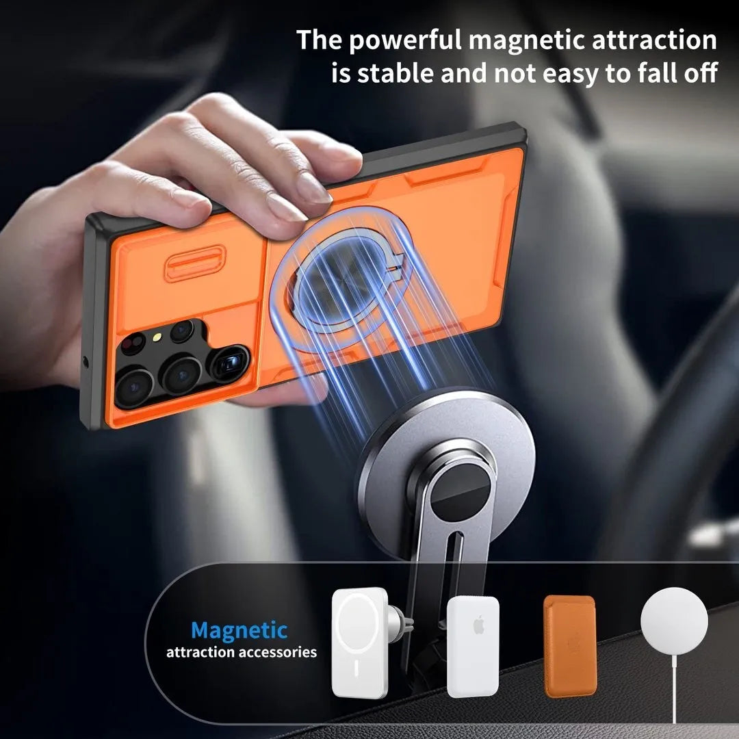 2-in-1 Magnetic Sliding Lens Case, Orange for Samsung S23Ultra
