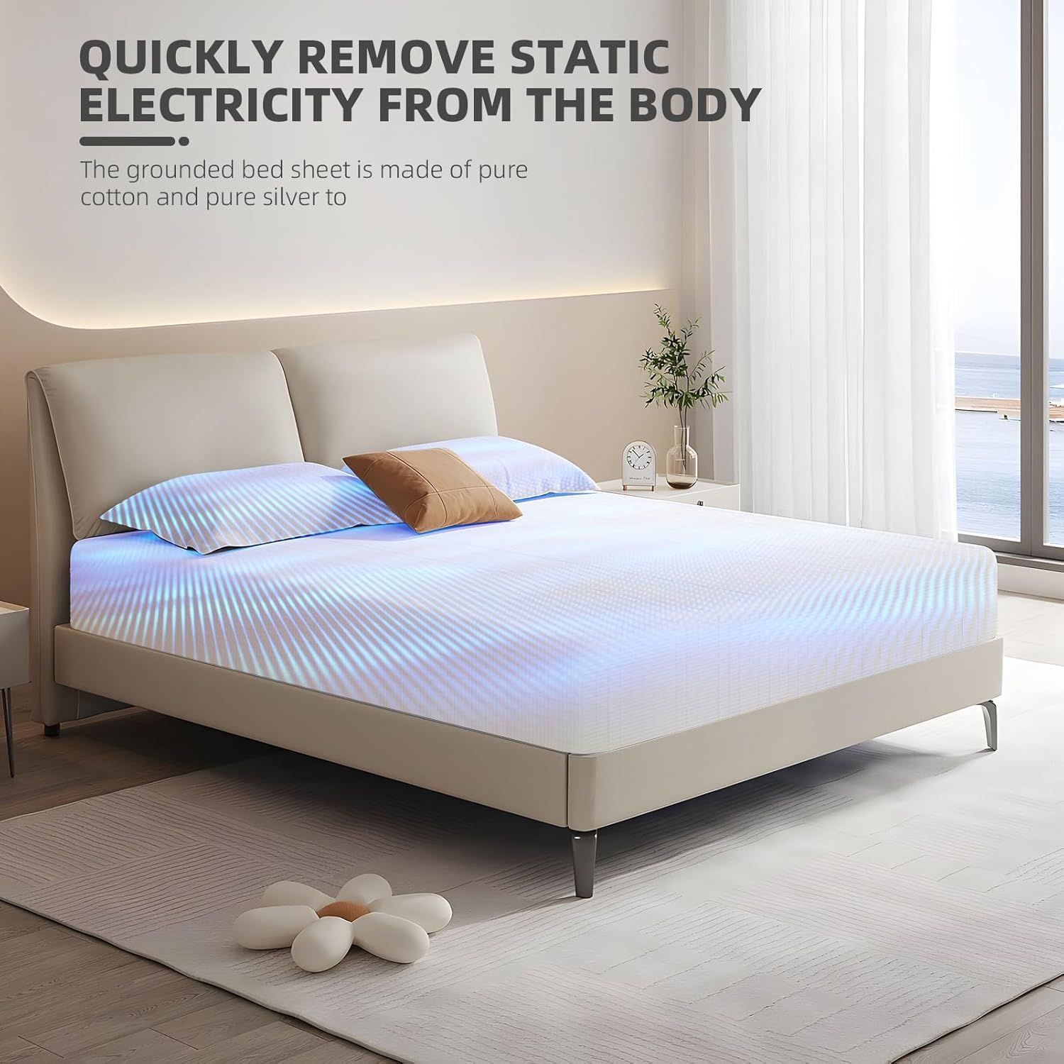 Grounding Fitted Sheet Bed Earthing Fitted Sheet AU Plug Grounding Connection Cord Conductive Mat Gray, Double 137x190cm+33cm