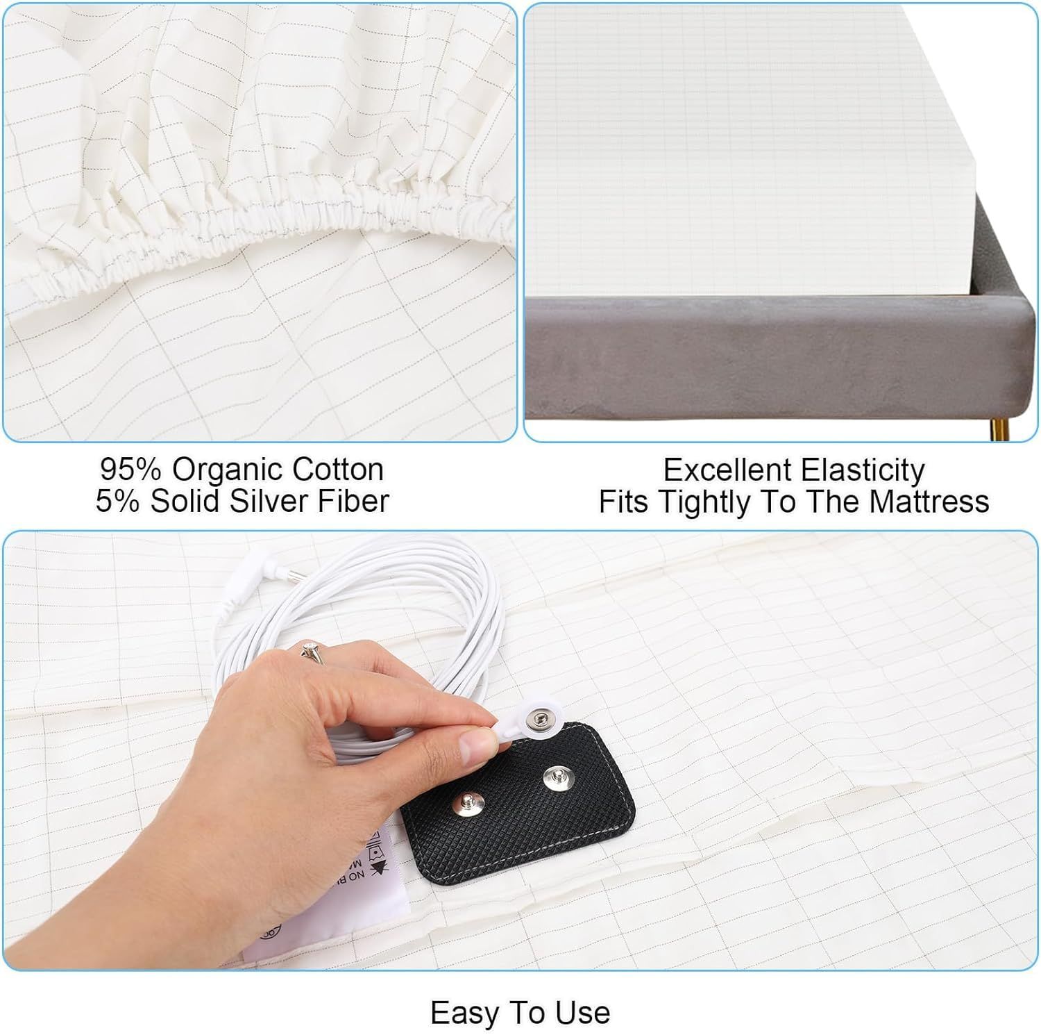 Grounding Fitted Sheet Bed Earthing Fitted Sheet AU Plug Grounding Connection Cord Conductive Mat Gray, Double 137x190cm+33cm