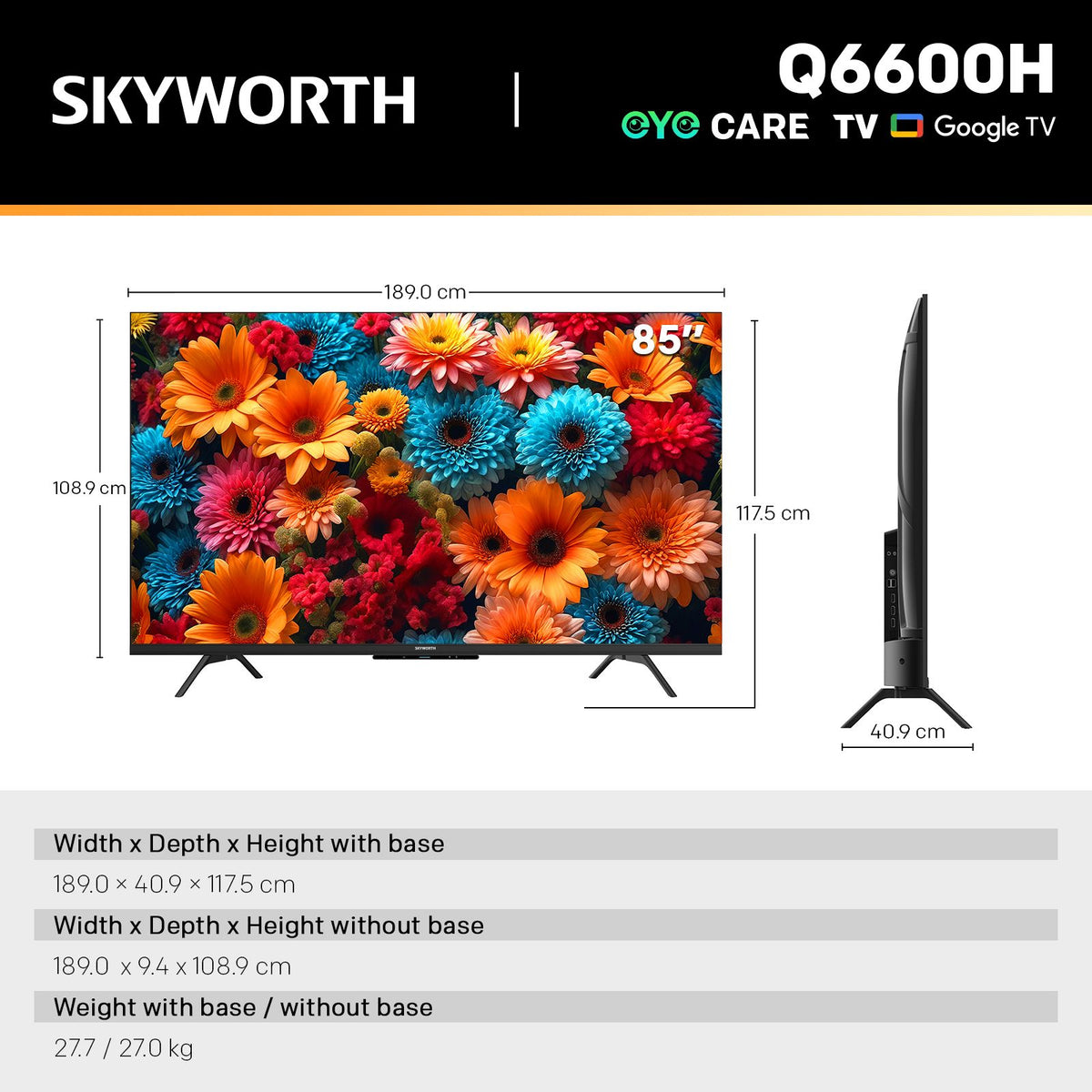 SKYWORTH Q6600H 85" - QLED+ 4K Smart Google TV, Gen 5 Quantum Dot, 120Hz Refresh Rate, AI-Powered Picture, Dolby Audio DBX-tv Audio, Voice Control, Screen Casting, HDR, Eco-Friendly Design