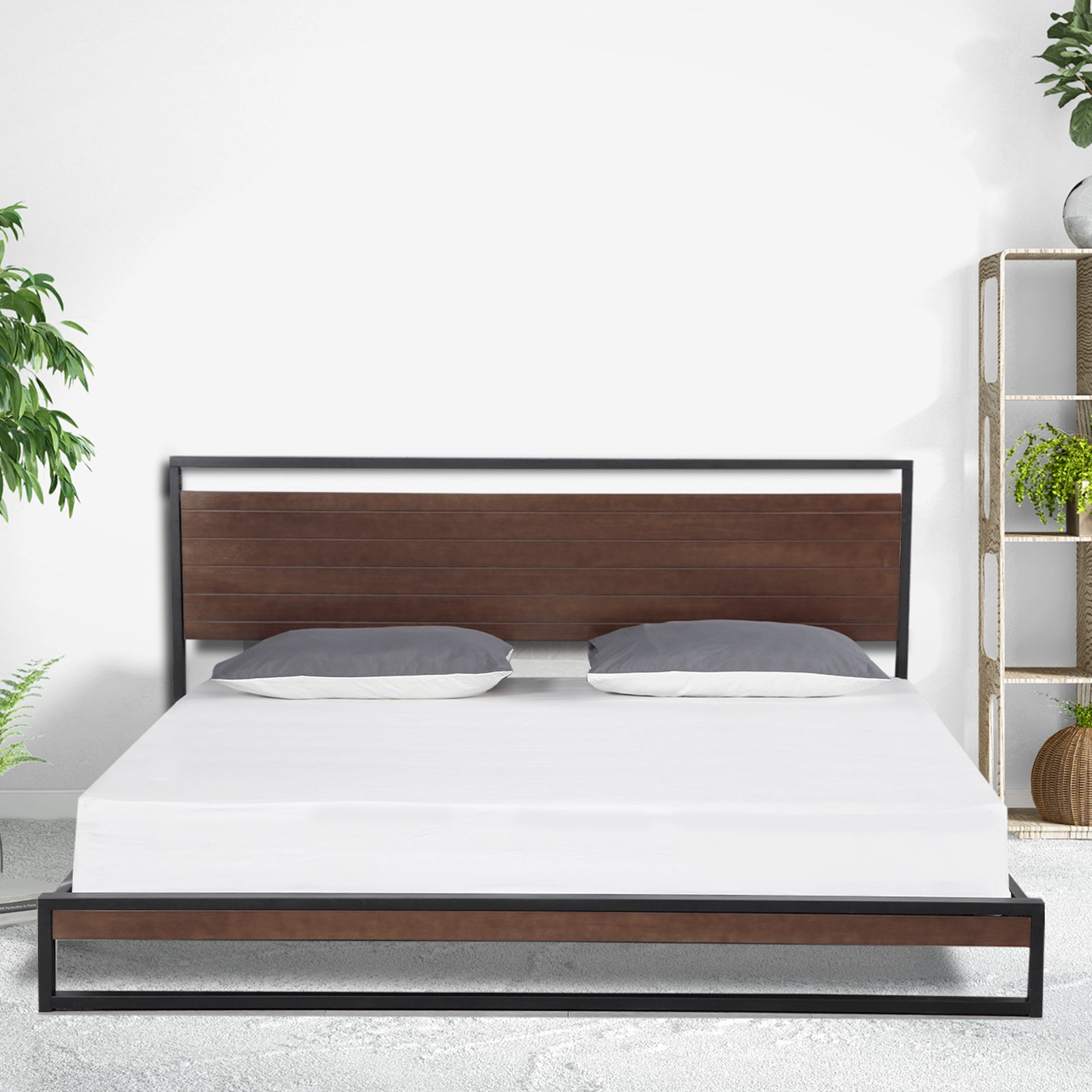 Modern Wood & Steel Platform Bed with Headboard - Single