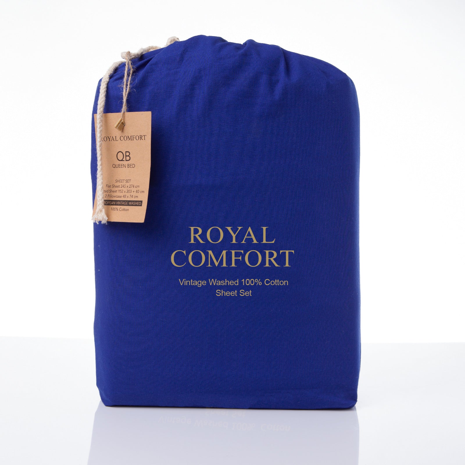 Royal Comfort Vintage Washed 100% Cotton Sheet Set Fitted Flat Sheet Pillowcases - Single - Royal Blue