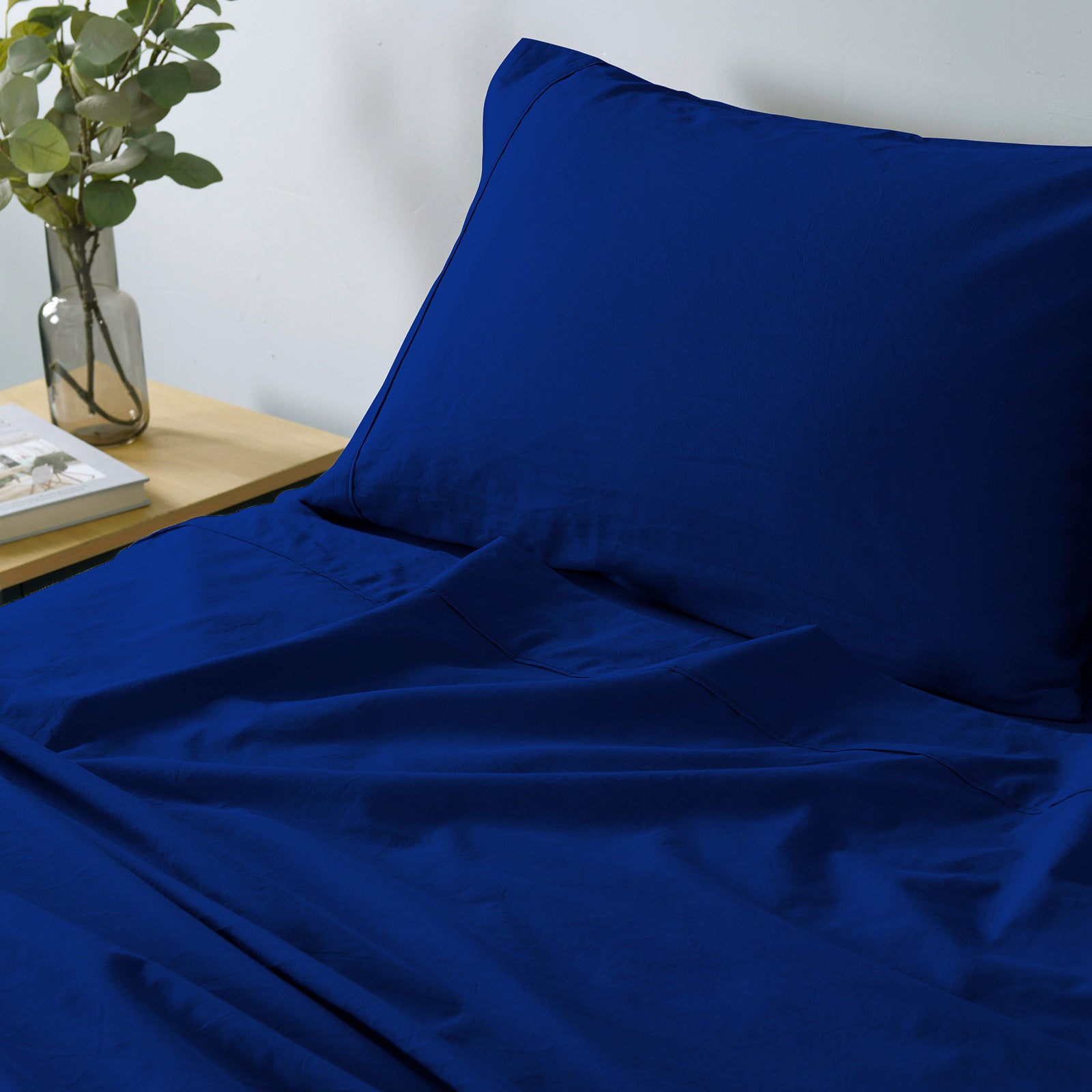 Royal Comfort Vintage Washed 100% Cotton Sheet Set Fitted Flat Sheet Pillowcases - Single - Royal Blue