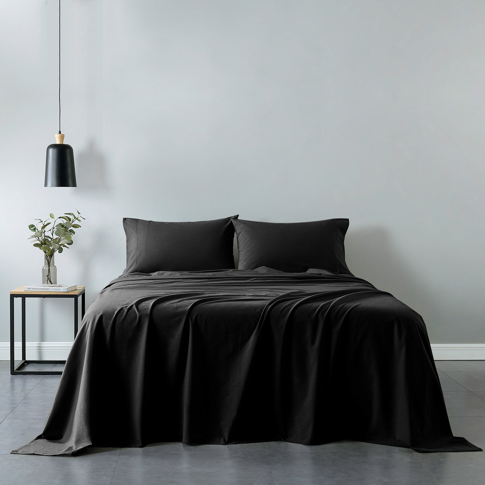 Royal Comfort Vintage Washed 100% Cotton Sheet Set Fitted Flat Sheet Pillowcases - Single - Charcoal