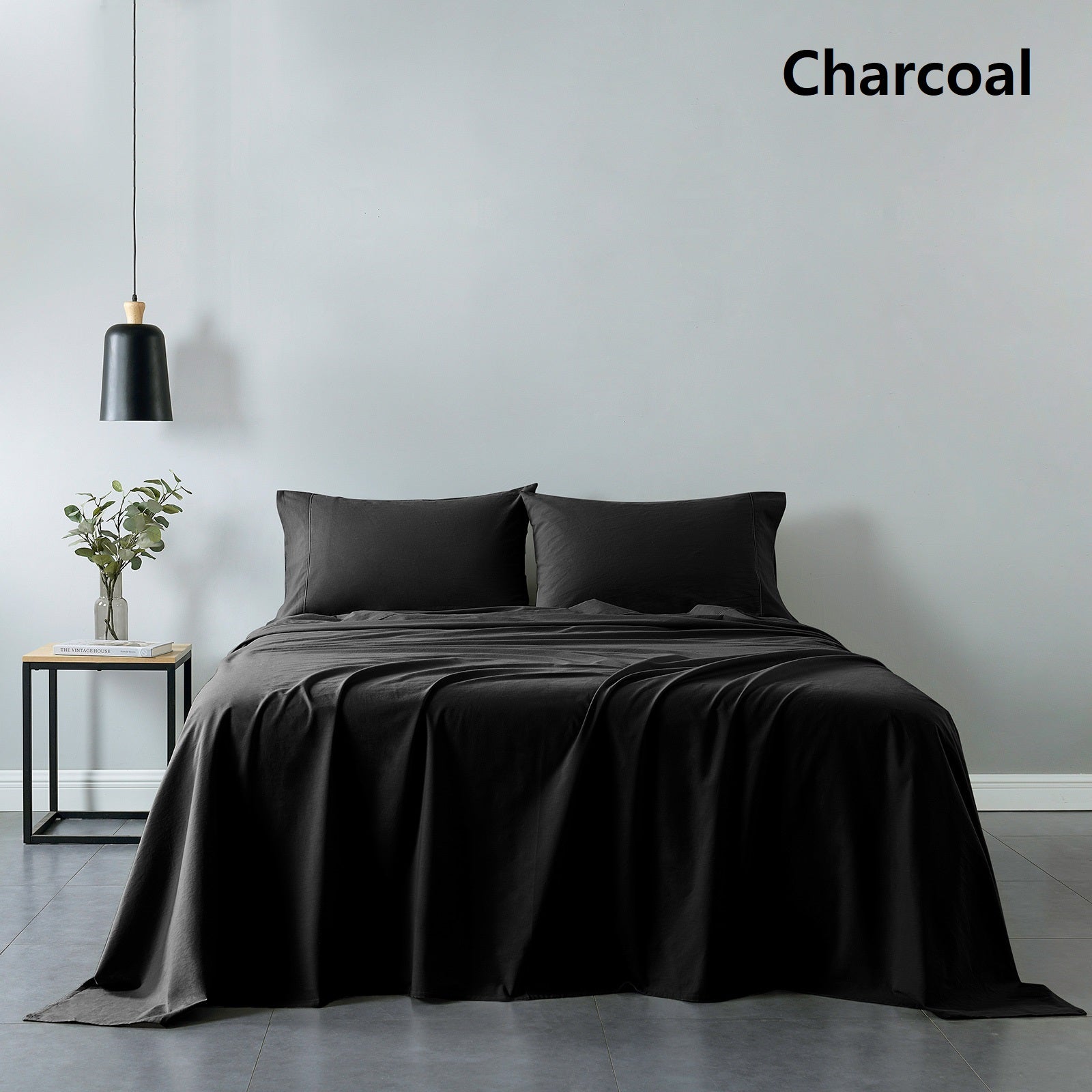 Royal Comfort Vintage Washed 100% Cotton Sheet Set Fitted Flat Sheet Pillowcases - Single - Charcoal