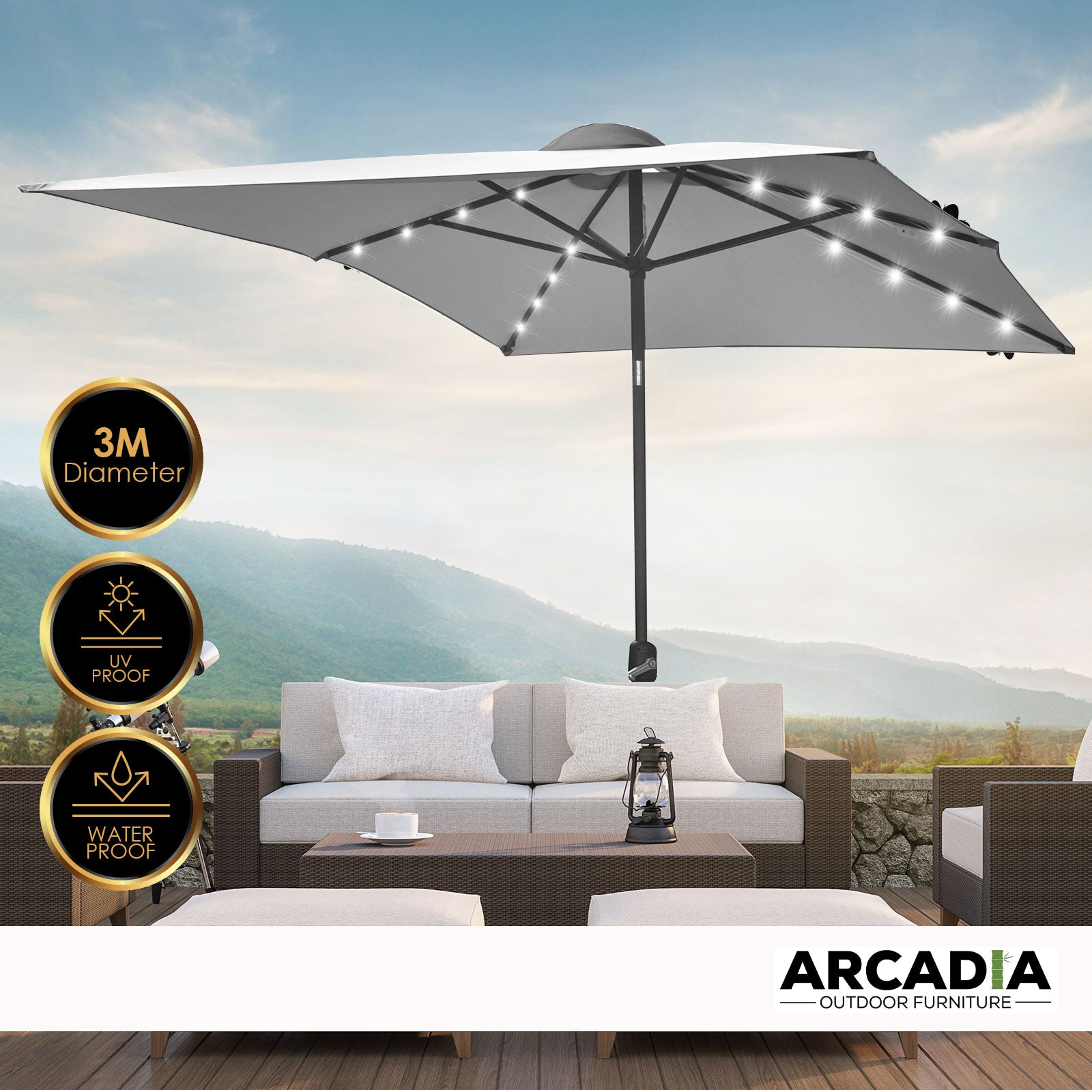 Arcadia Furniture Umbrella 3 Metre Umbrella with Solar LED Lights Garden Yard - Grey