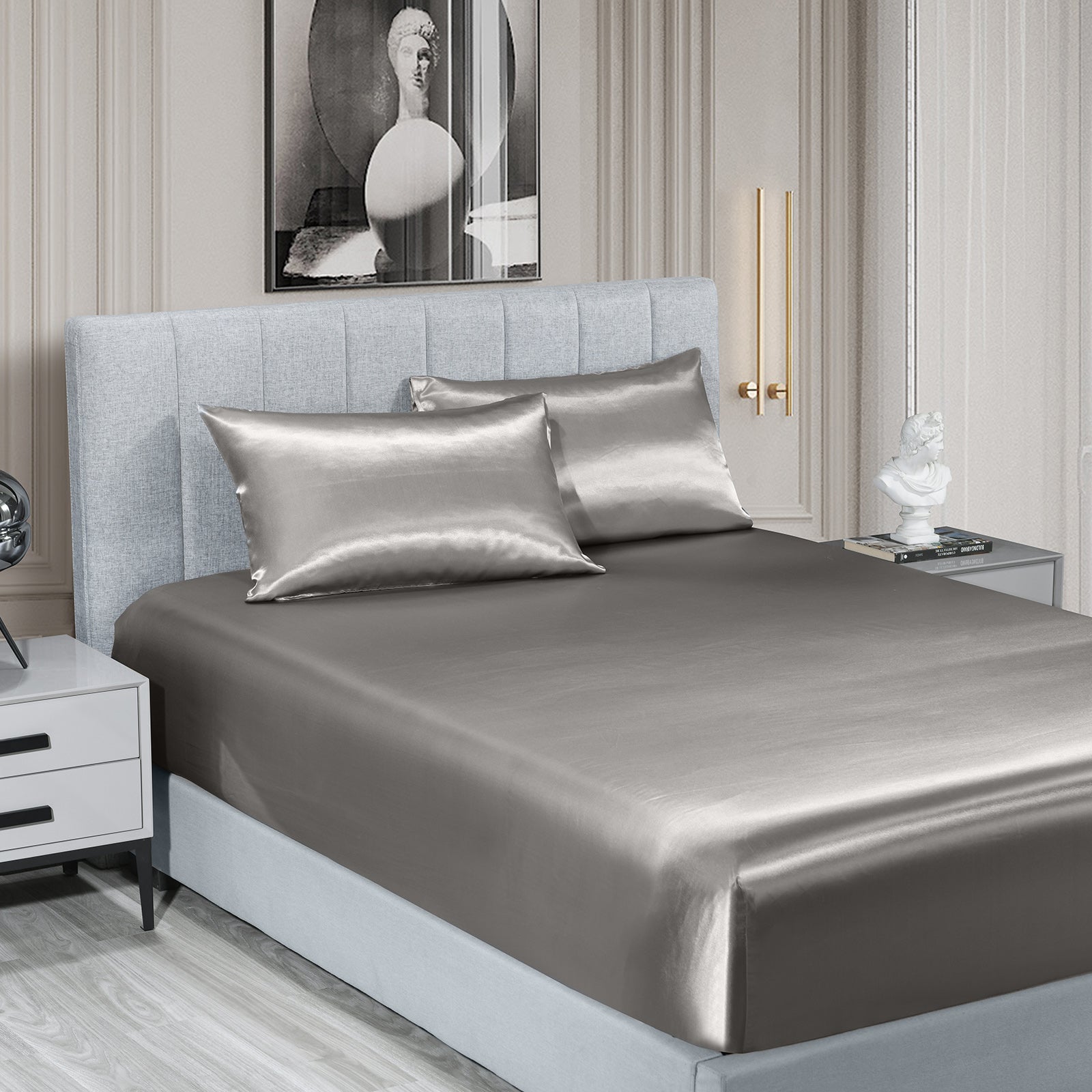 Royal Comfort Satin Sheet Set 3 Piece Fitted Sheet Pillowcase Soft - Queen - Charcoal