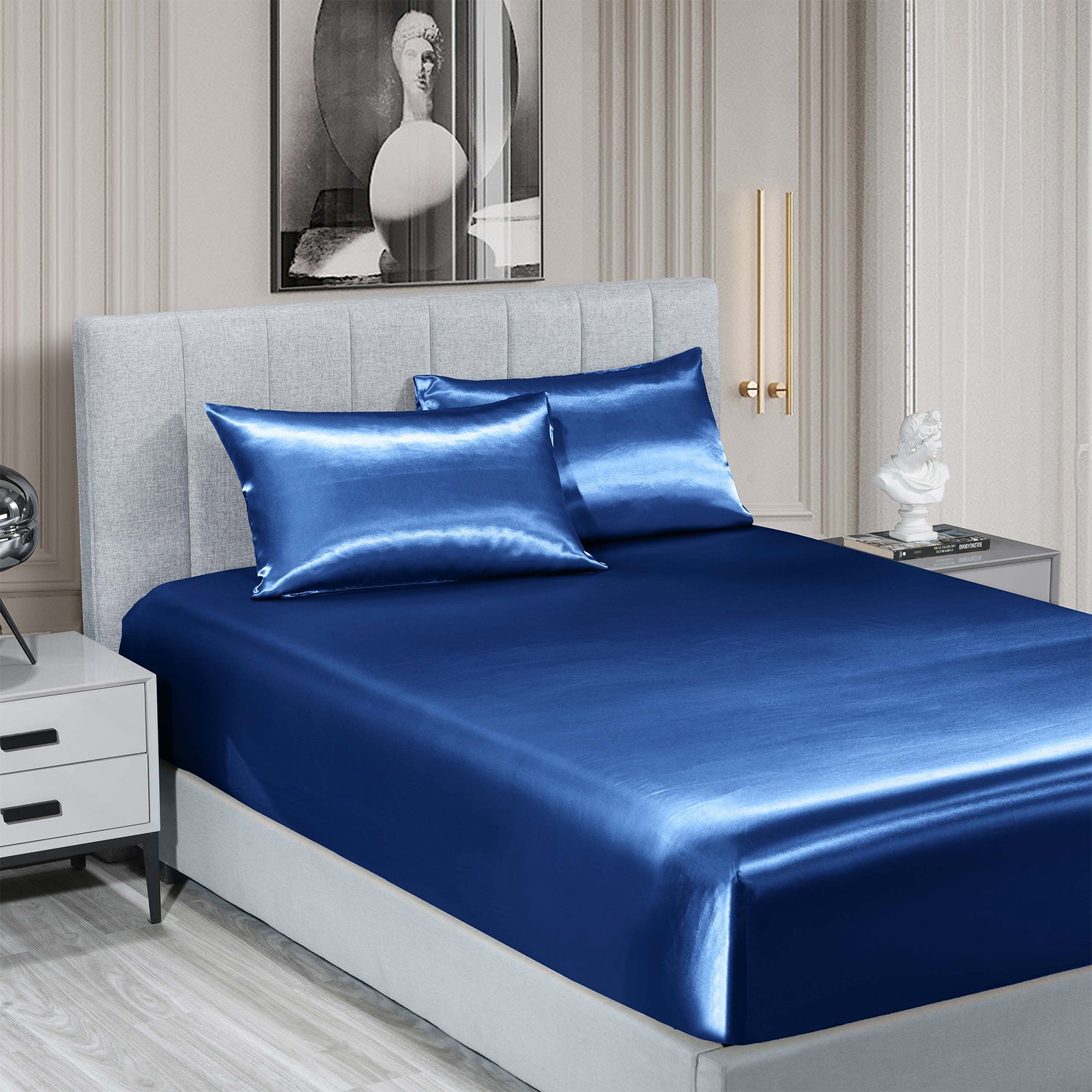 Royal Comfort Satin Sheet Set 3 Piece Fitted Sheet Pillowcase Soft - Queen - Navy Blue