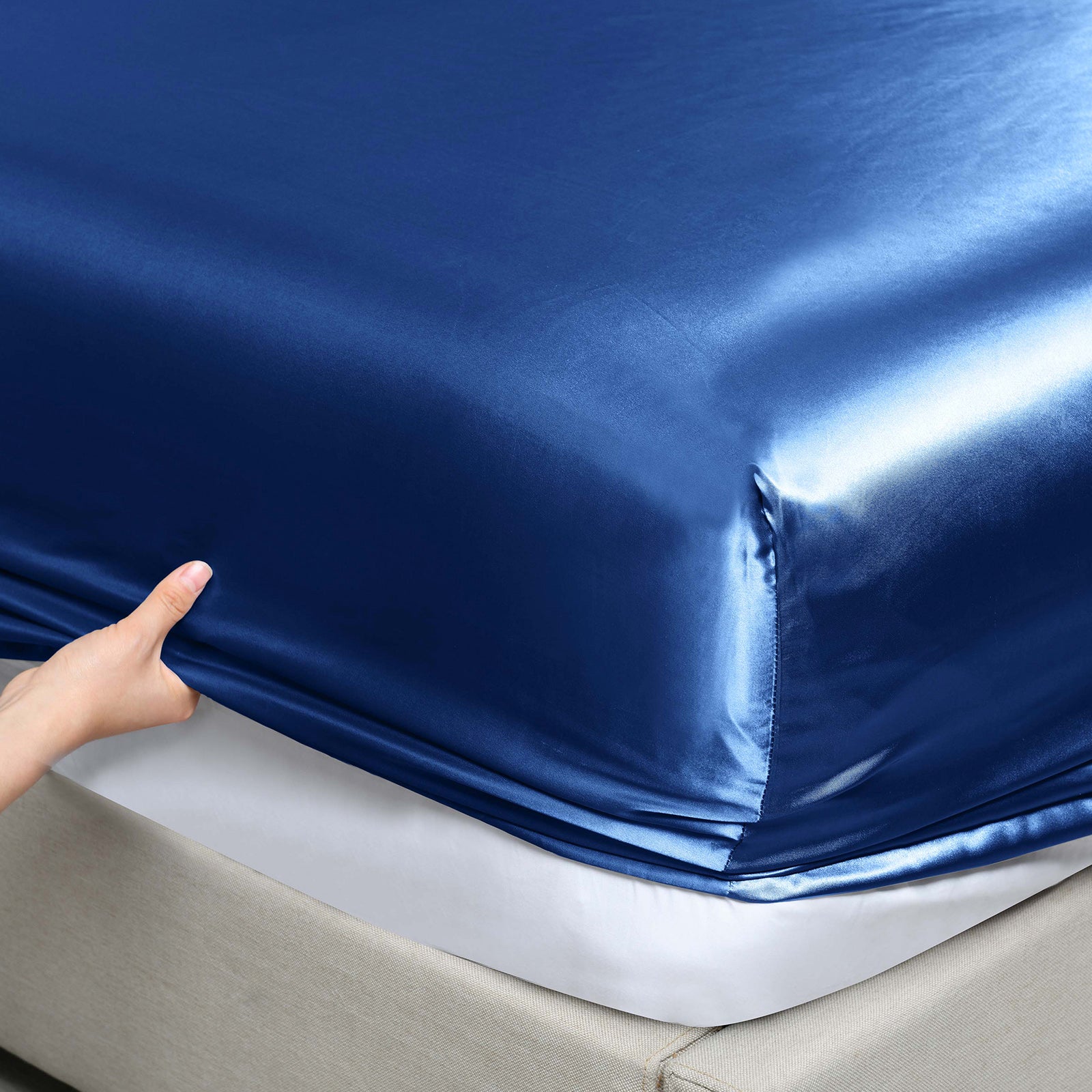 Royal Comfort Satin Sheet Set 3 Piece Fitted Sheet Pillowcase Soft - Queen - Navy Blue