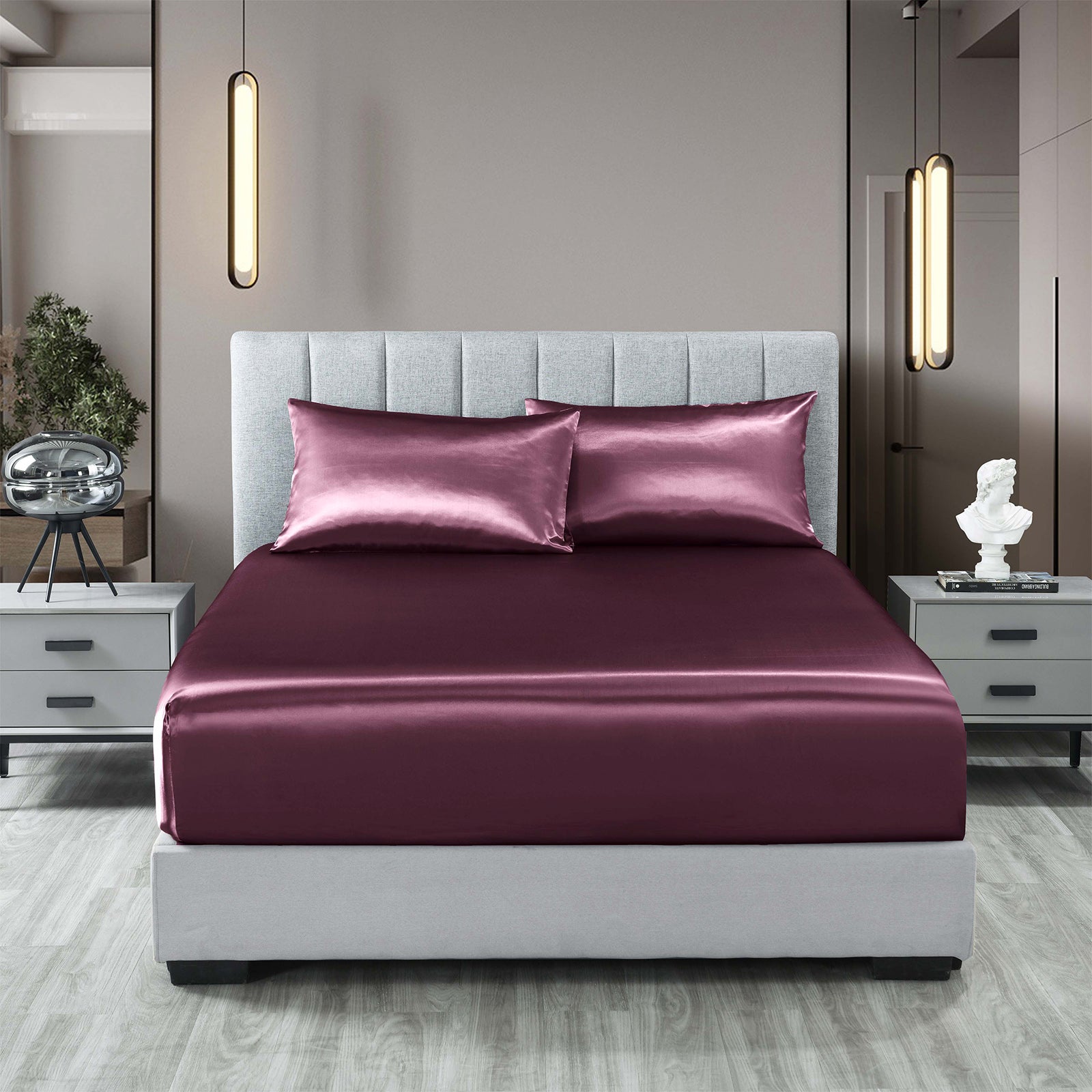 Royal Comfort Satin Sheet Set 3 Piece Fitted Sheet Pillowcase Soft - King - Malaga Wine