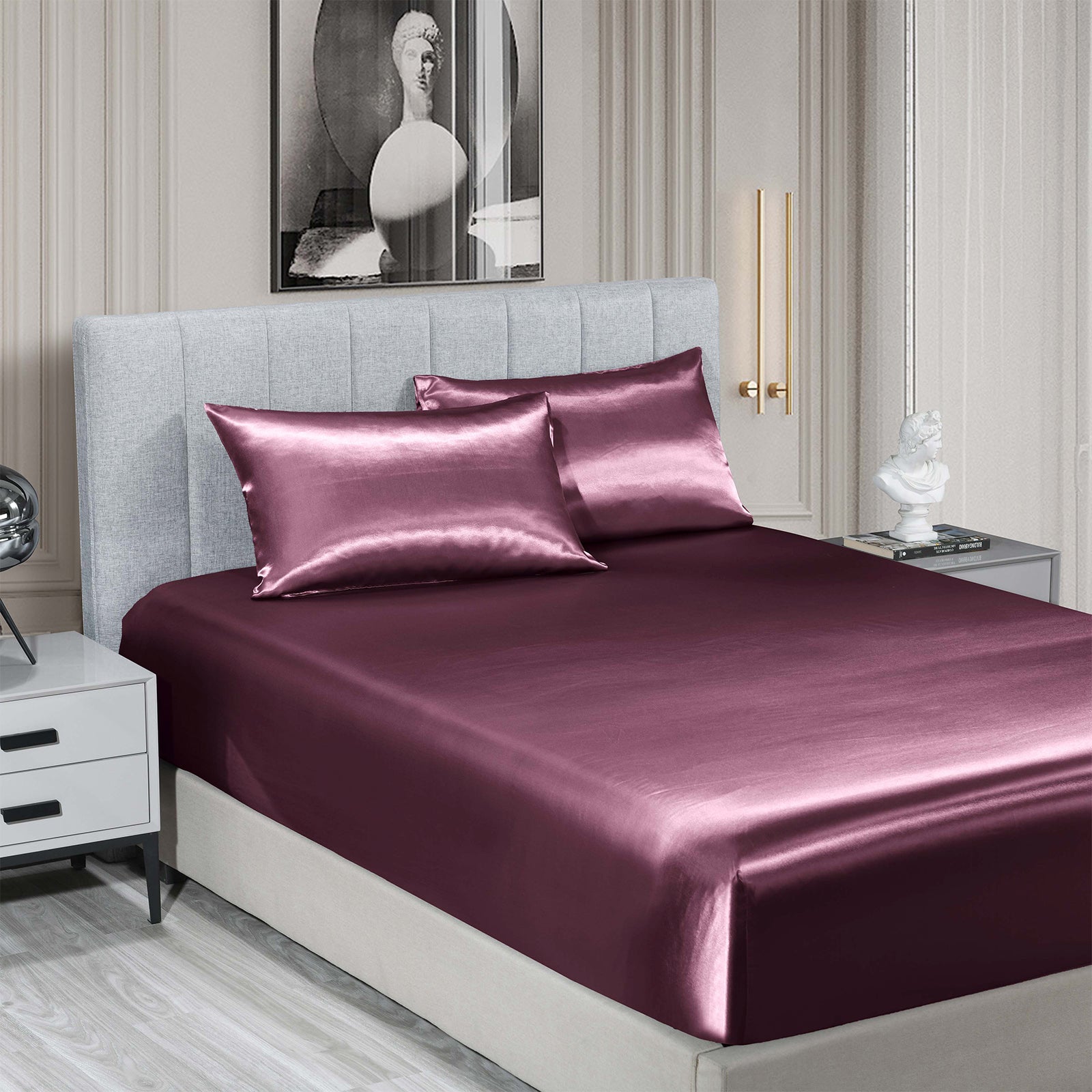 Royal Comfort Satin Sheet Set 3 Piece Fitted Sheet Pillowcase Soft - King - Malaga Wine