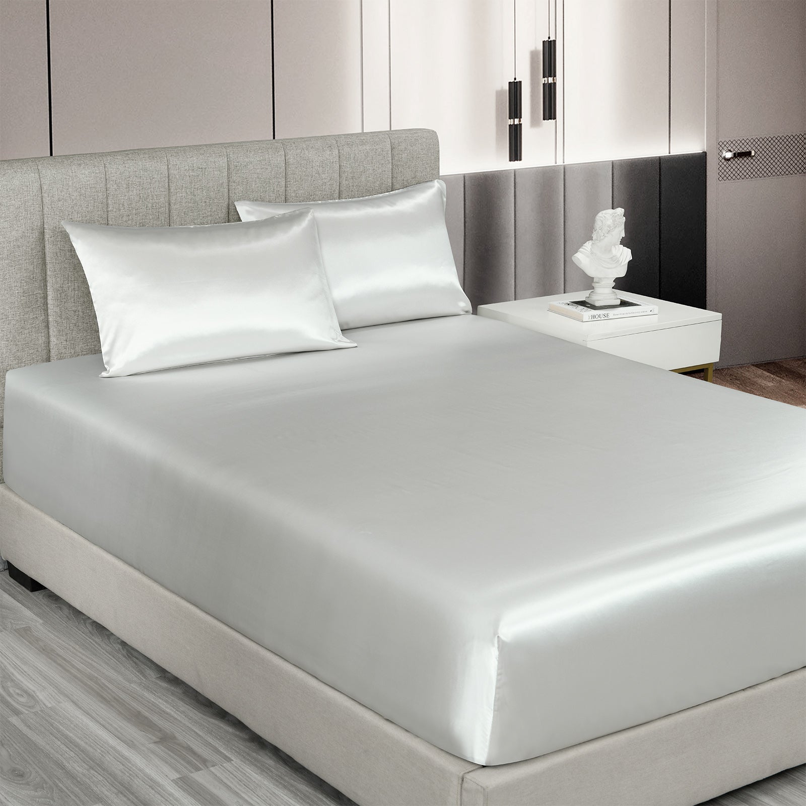 Royal Comfort Satin Sheet Set 3 Piece Fitted Sheet Pillowcase Soft - King - Silver