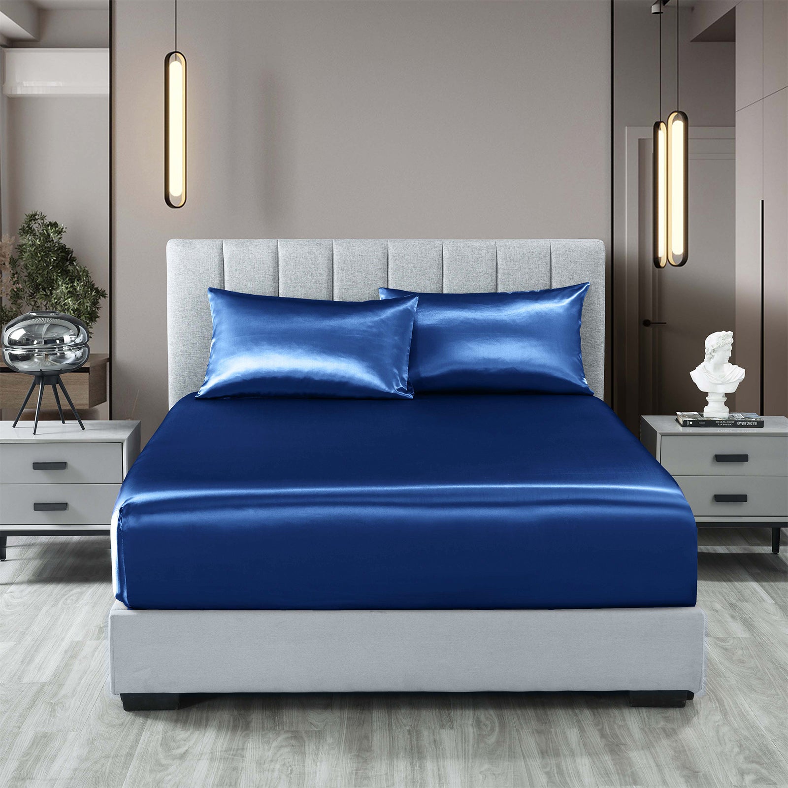 Royal Comfort Satin Sheet Set 3 Piece Fitted Sheet Pillowcase Soft - King - Navy Blue
