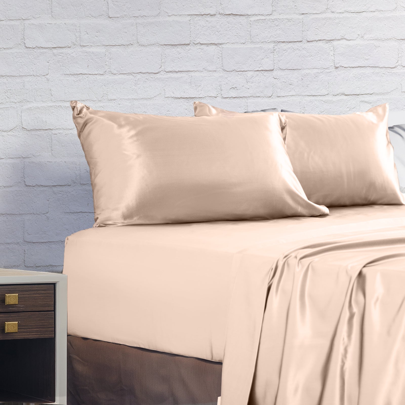 Royal Comfort Satin Sheet Set 4 Piece Fitted Flat Sheet Pillowcases - King - Champagne Pink