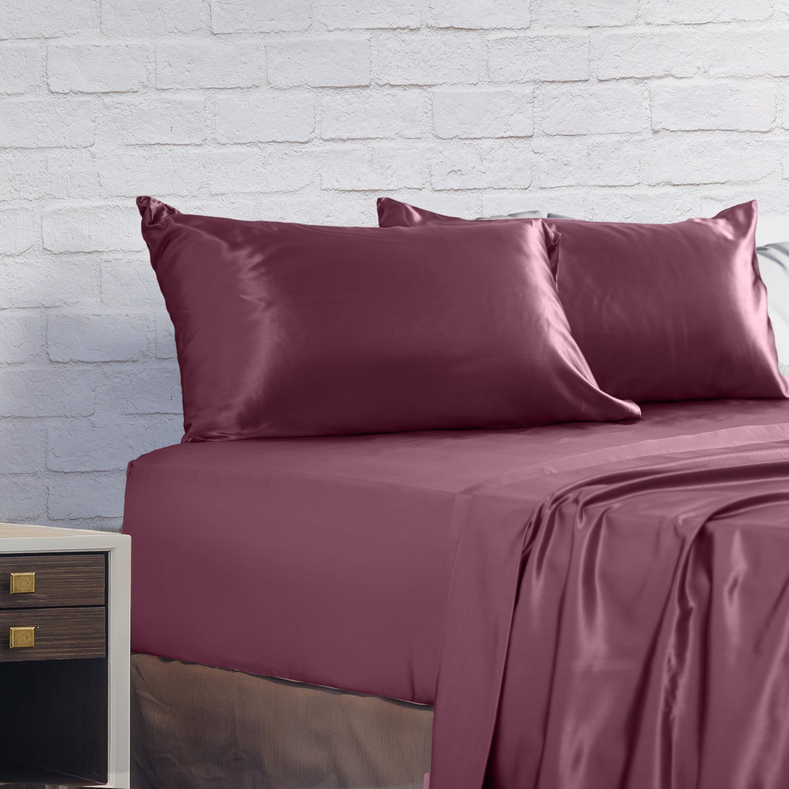 Royal Comfort Satin Sheet Set 4 Piece Fitted Flat Sheet Pillowcases - King - Malaga Wine