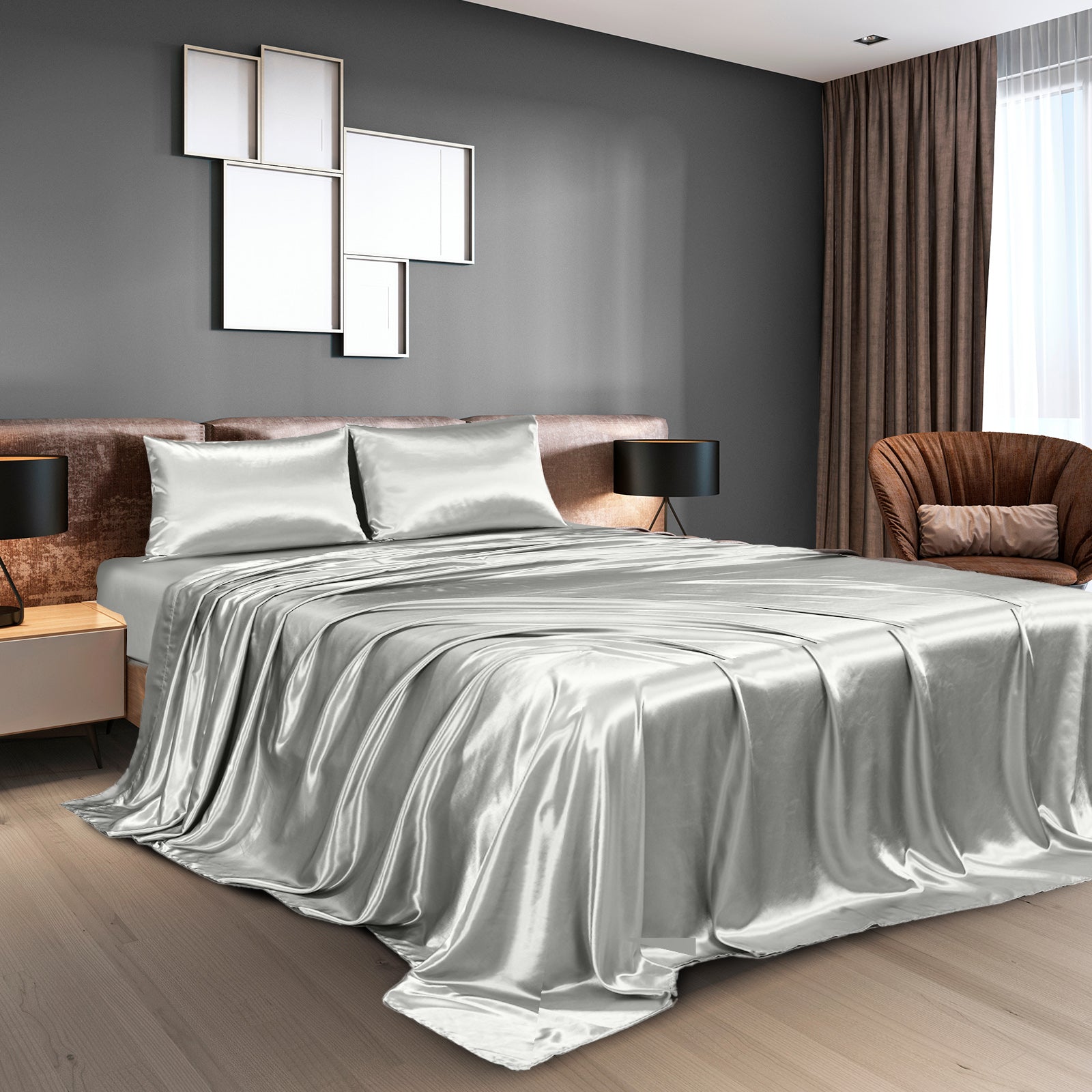 Royal Comfort Satin Sheet Set 4 Piece Fitted Flat Sheet Pillowcases - King - Silver
