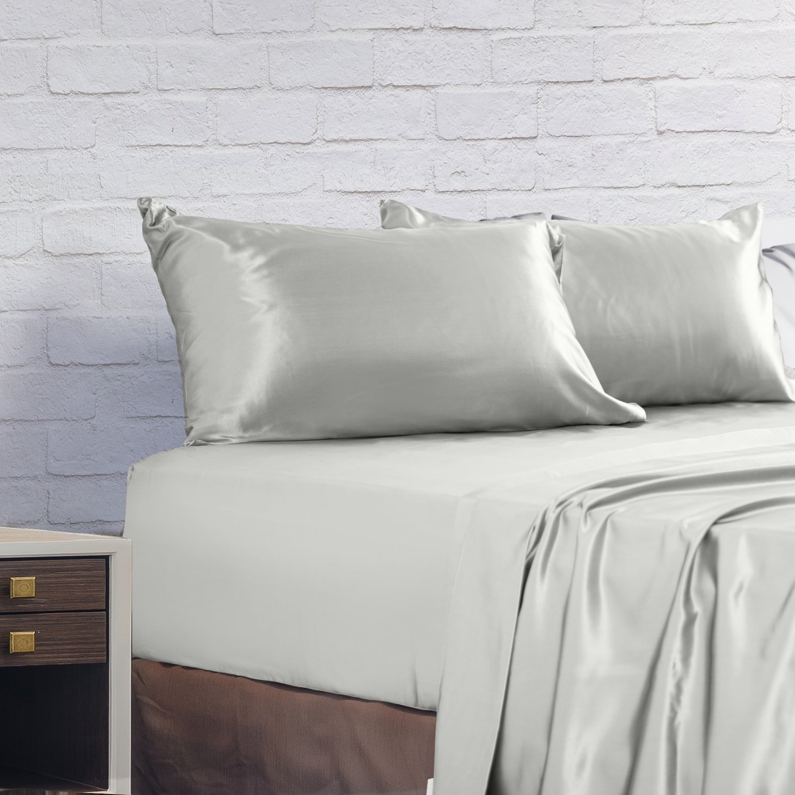 Royal Comfort Satin Sheet Set 4 Piece Fitted Flat Sheet Pillowcases - King - Silver