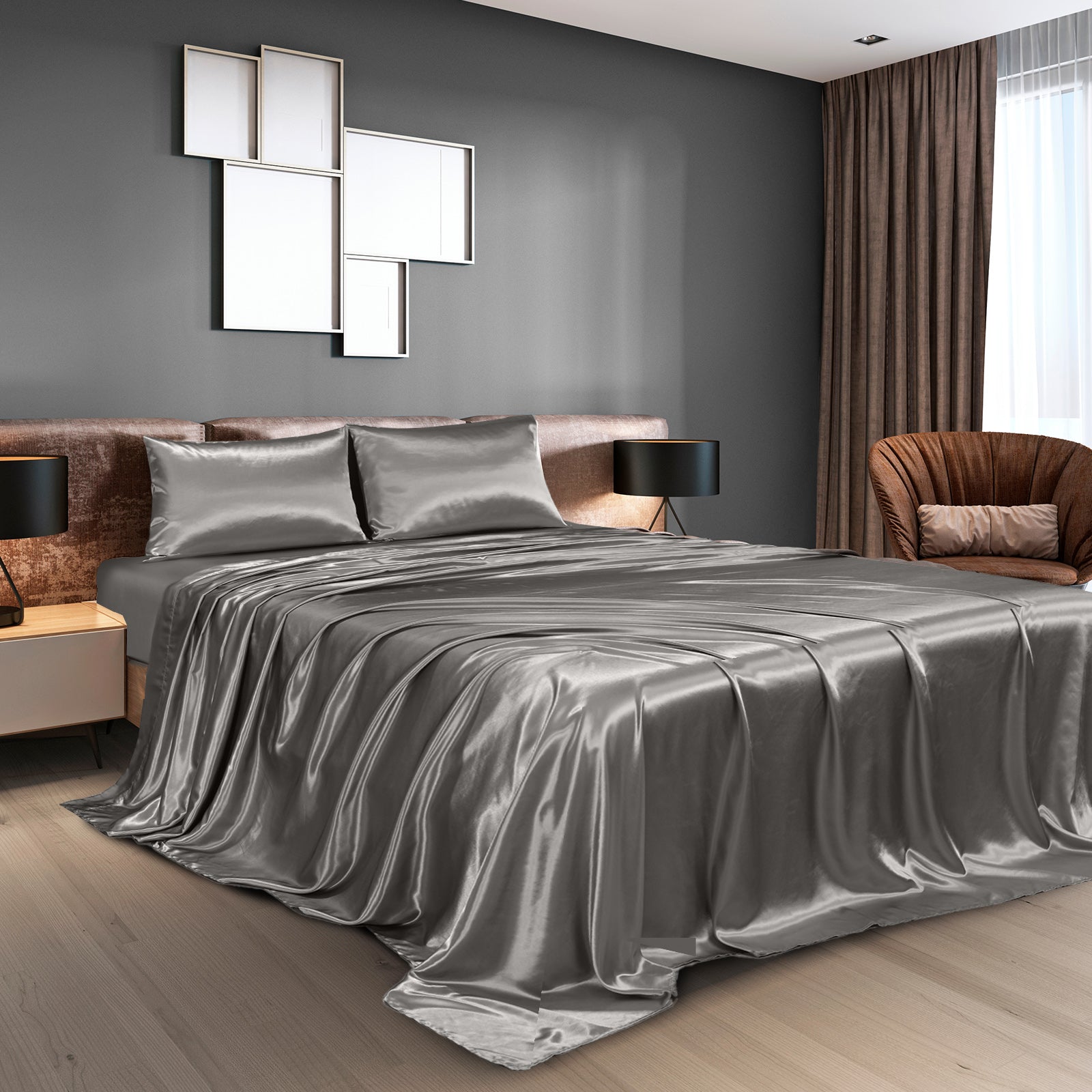 Royal Comfort Satin Sheet Set 4 Piece Fitted Flat Sheet Pillowcases - King - Charcoal