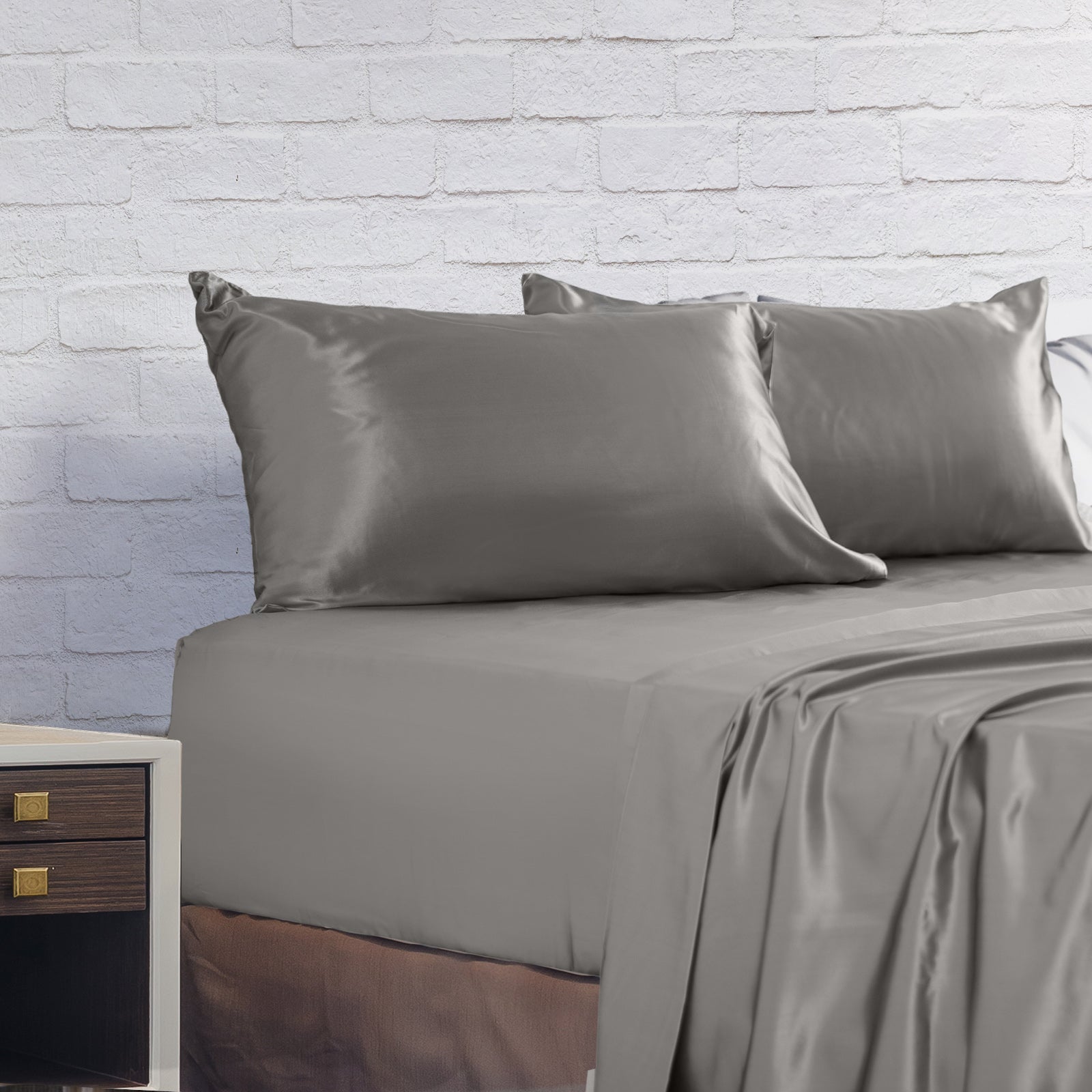 Royal Comfort Satin Sheet Set 4 Piece Fitted Flat Sheet Pillowcases - King - Charcoal